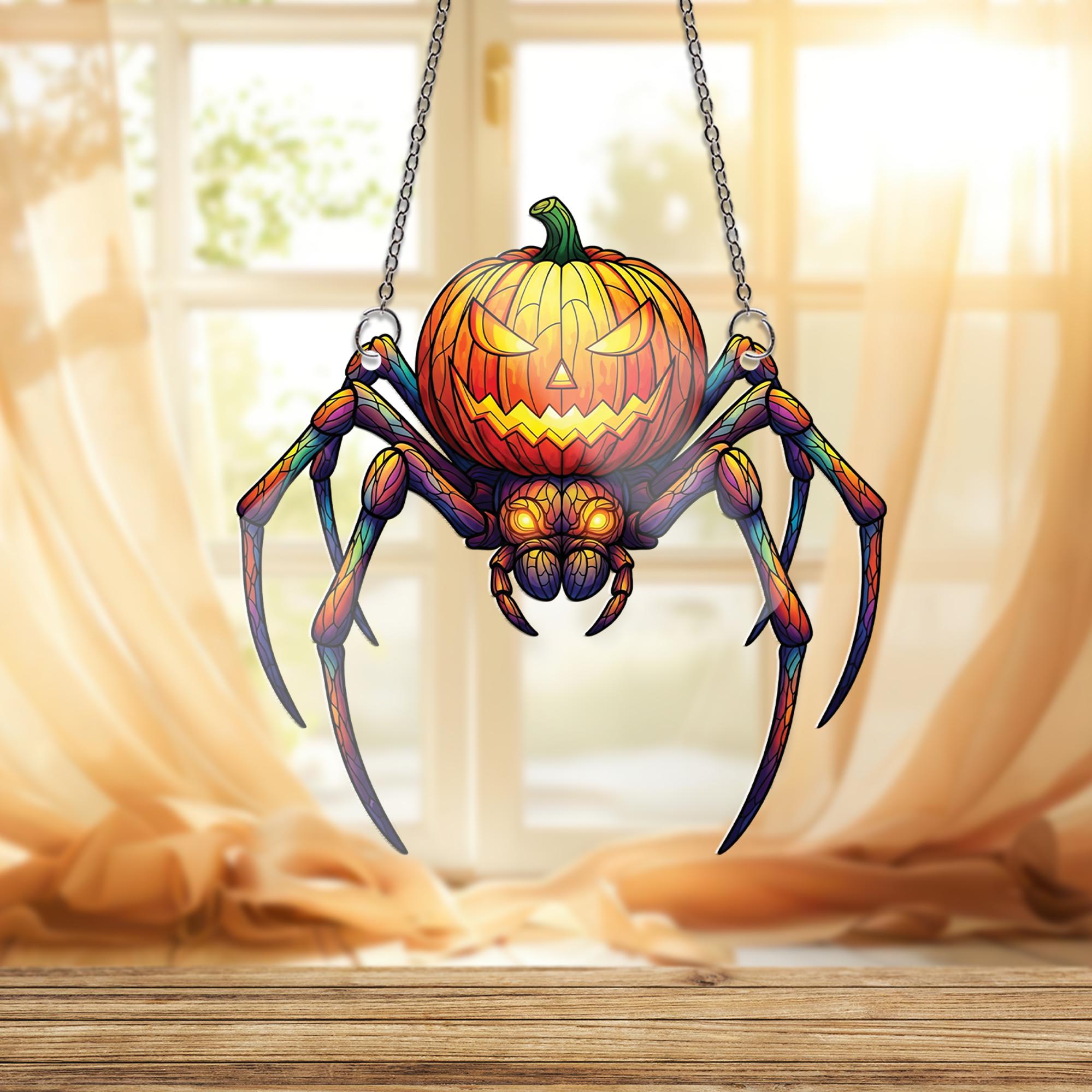 Spider Jack O'Lantern Faux Stained Glass Window Hanging – Halloween Suncatcher, Creepy Cute Pumpkin Spider Gothic Home Decor