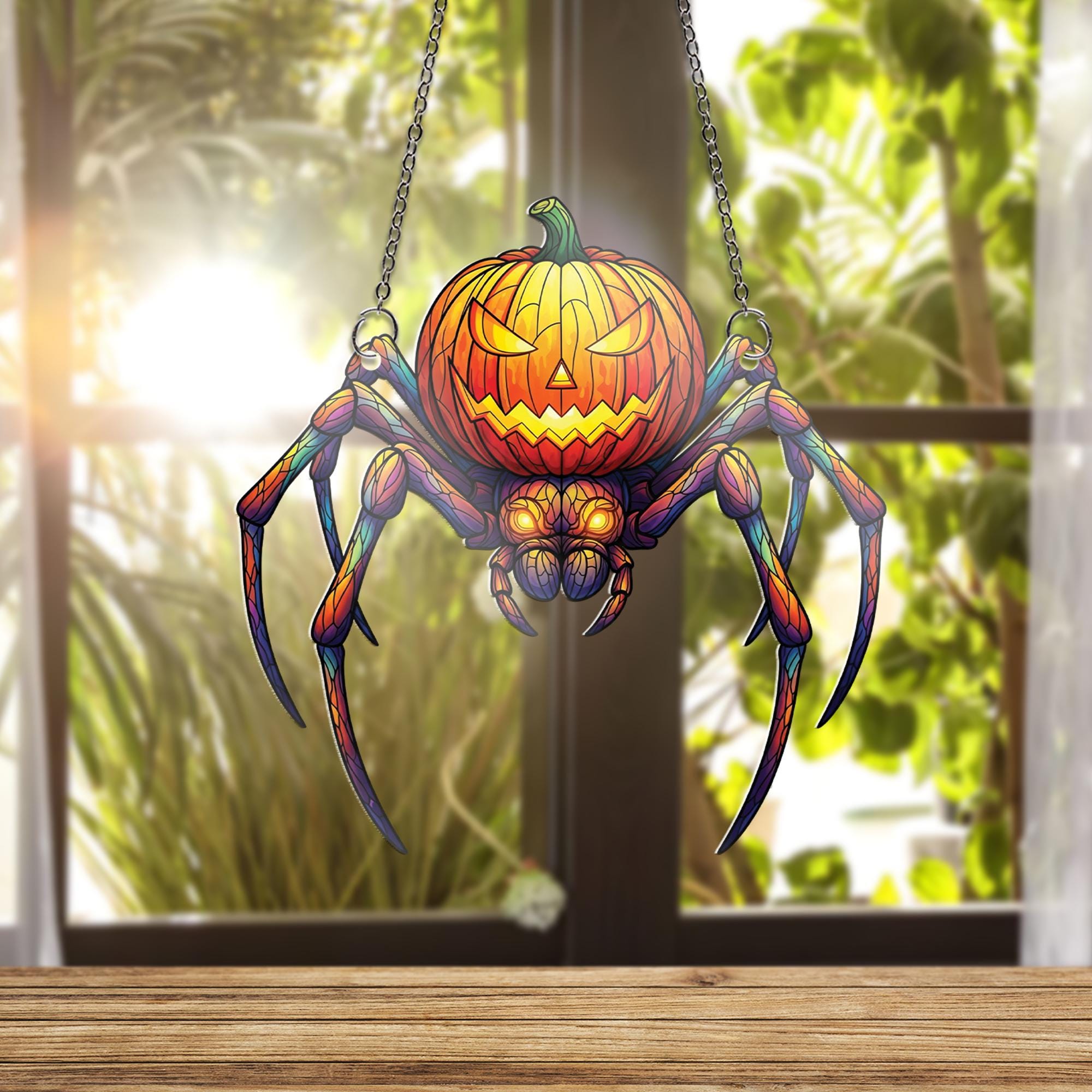 Spider Jack O'Lantern Faux Stained Glass Window Hanging – Halloween Suncatcher, Creepy Cute Pumpkin Spider Gothic Home Decor