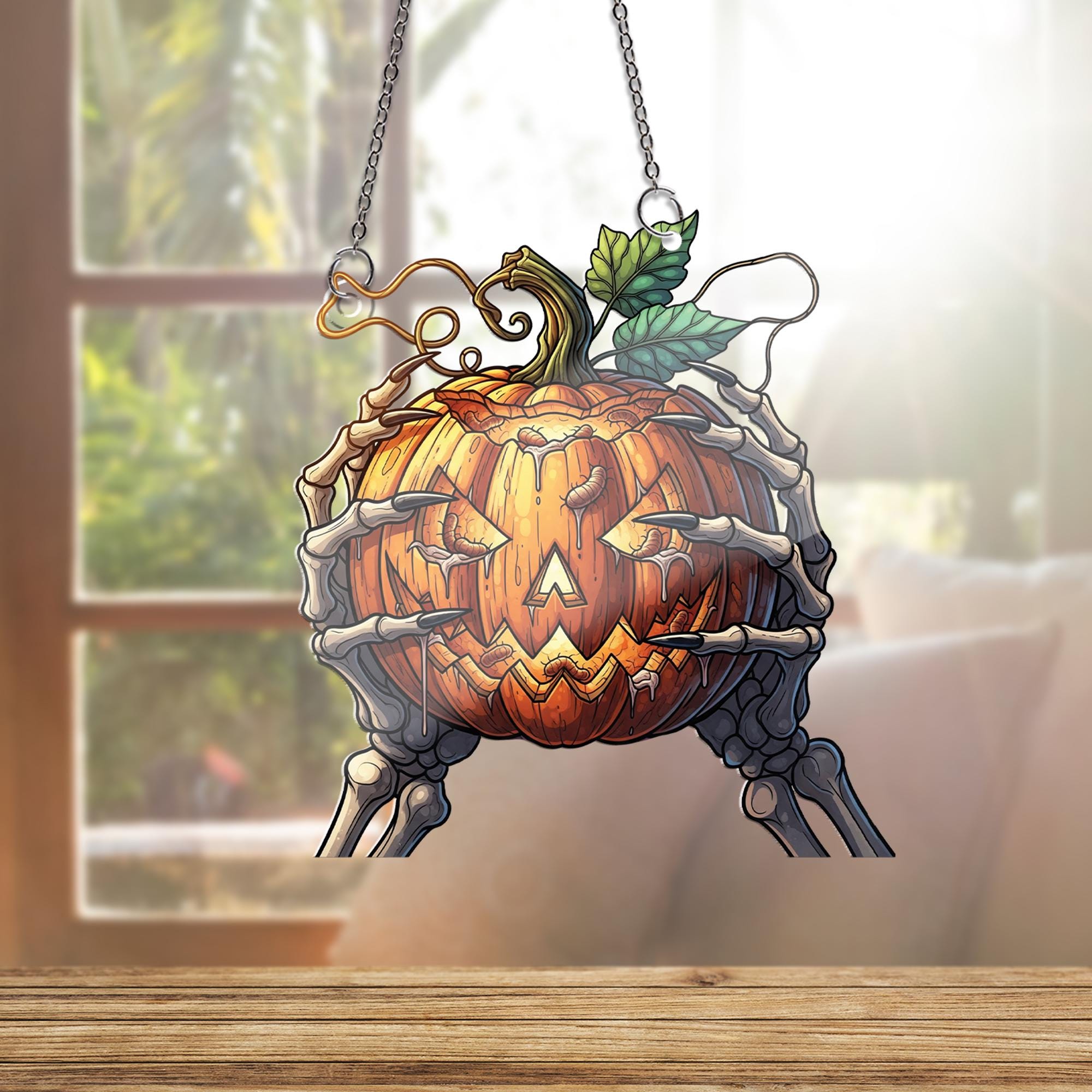 Spooky Jack O' Lantern Ornament, Skeleton Hands Holding Pumpkin, Creepy Halloween Hanging Decor, Macabre Wall Art, Horror Fan Gift