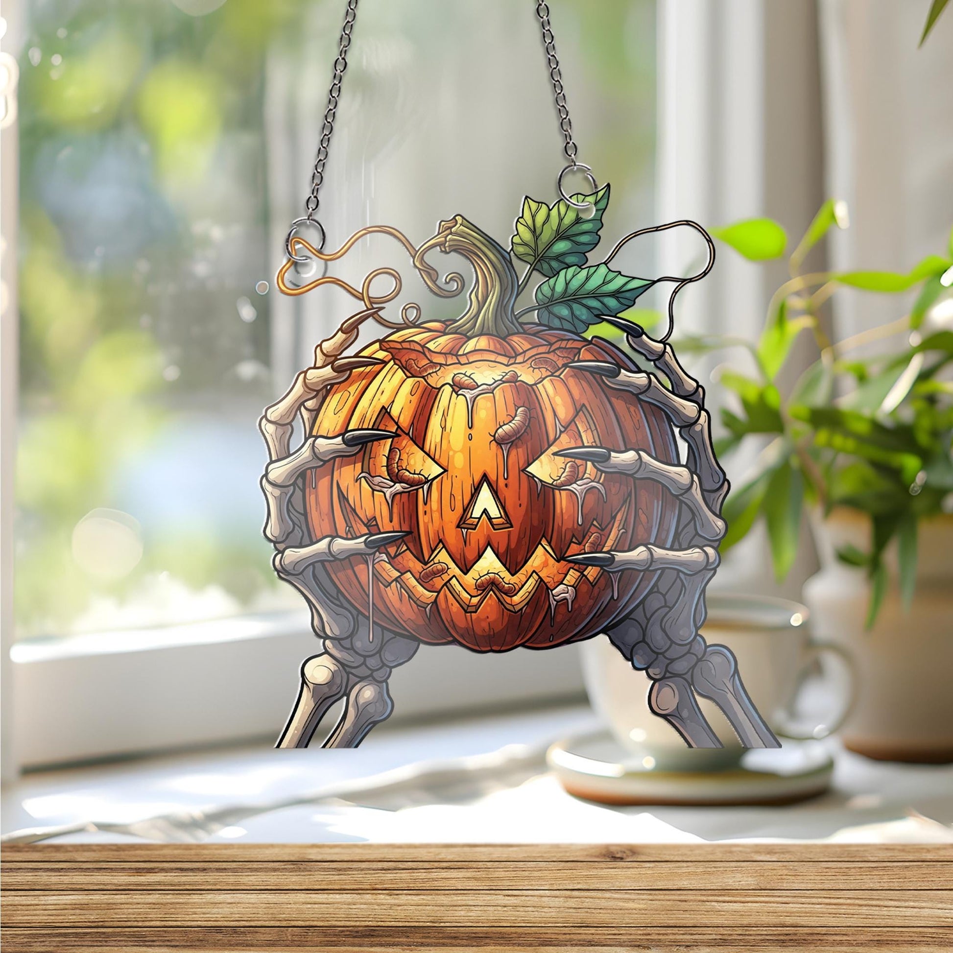 Spooky Jack O' Lantern Ornament, Skeleton Hands Holding Pumpkin, Creepy Halloween Hanging Decor, Macabre Wall Art, Horror Fan Gift