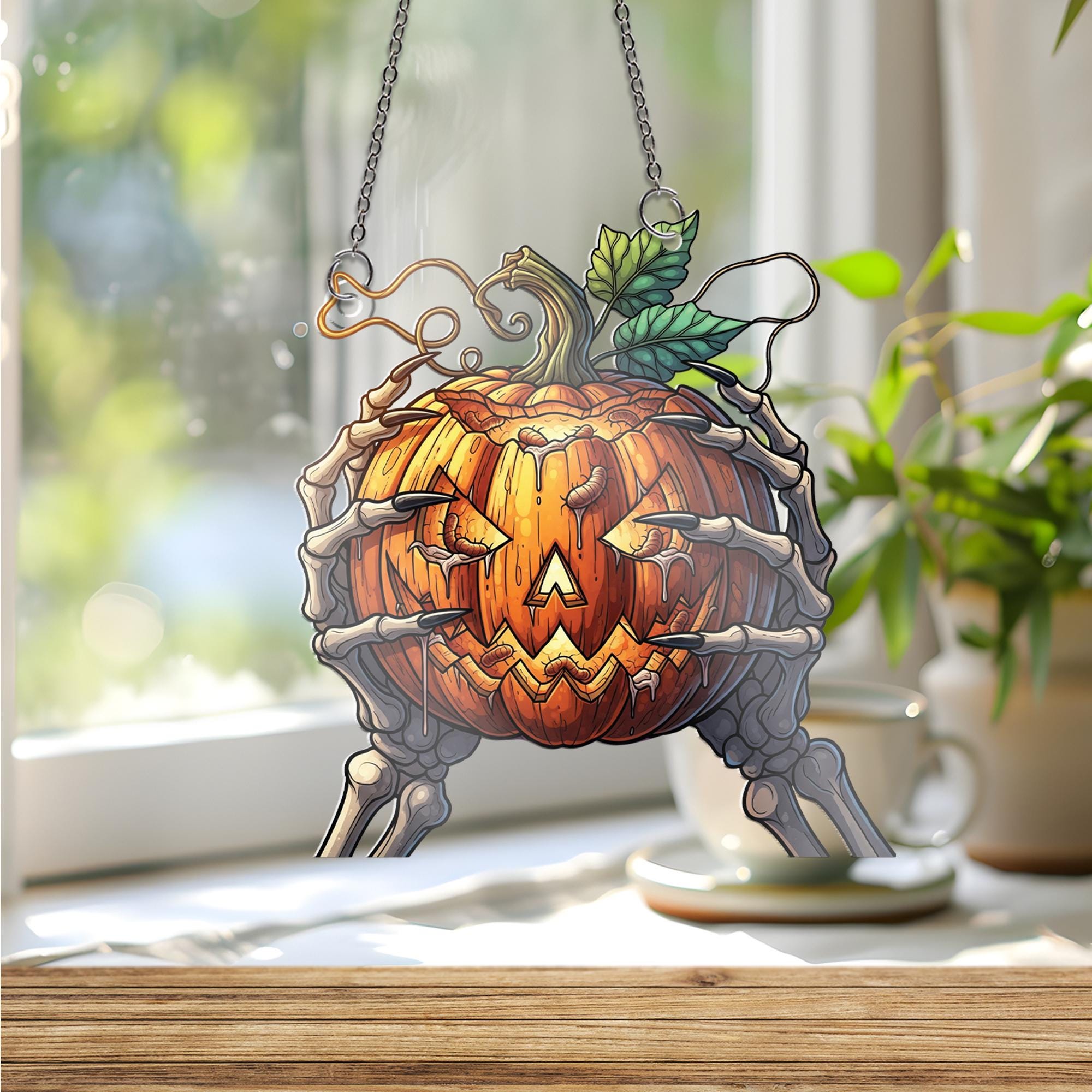 Spooky Jack O' Lantern Ornament, Skeleton Hands Holding Pumpkin, Creepy Halloween Hanging Decor, Macabre Wall Art, Horror Fan Gift