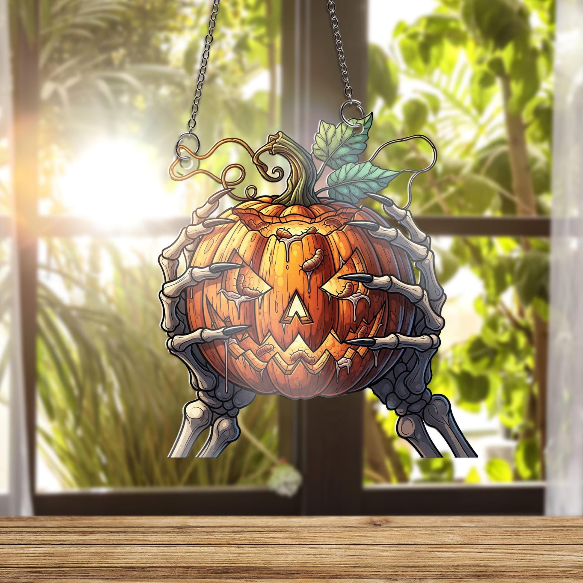 Spooky Jack O' Lantern Ornament, Skeleton Hands Holding Pumpkin, Creepy Halloween Hanging Decor, Macabre Wall Art, Horror Fan Gift