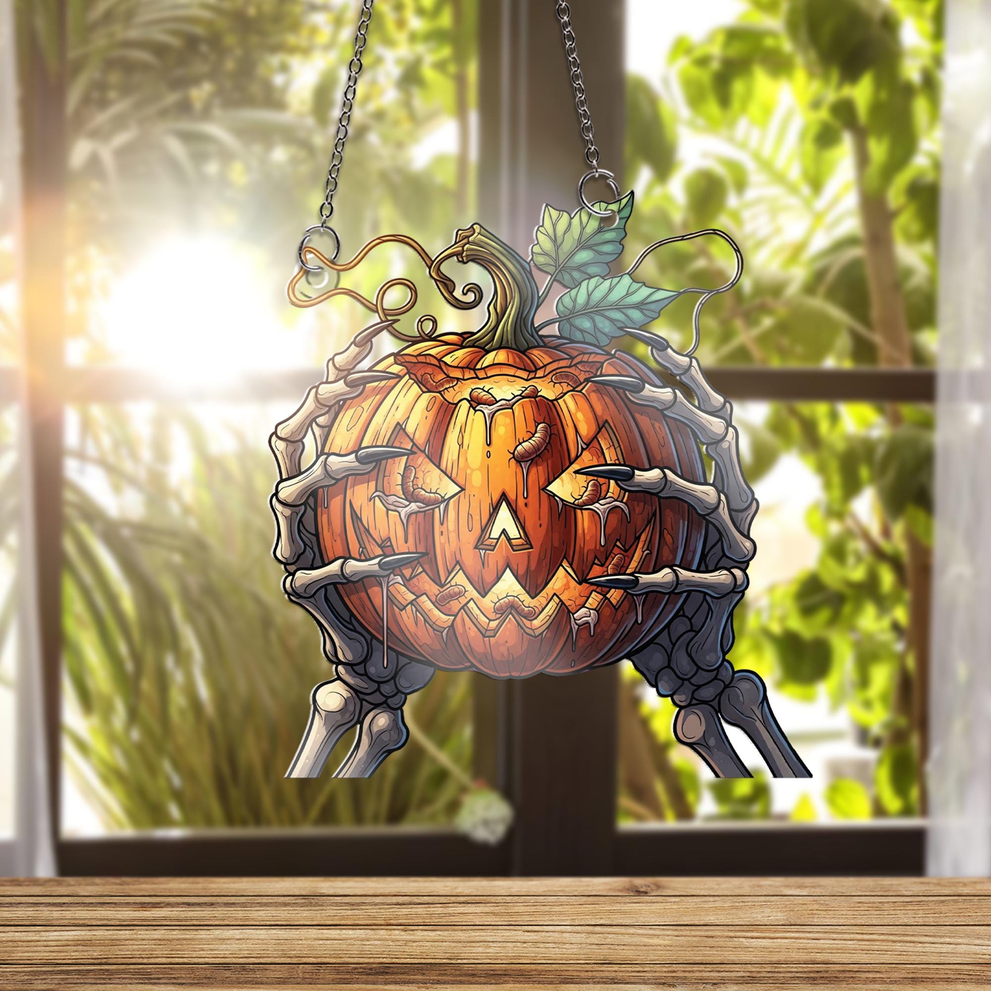Spooky Jack O' Lantern Ornament, Skeleton Hands Holding Pumpkin, Creepy Halloween Hanging Decor, Macabre Wall Art, Horror Fan Gift