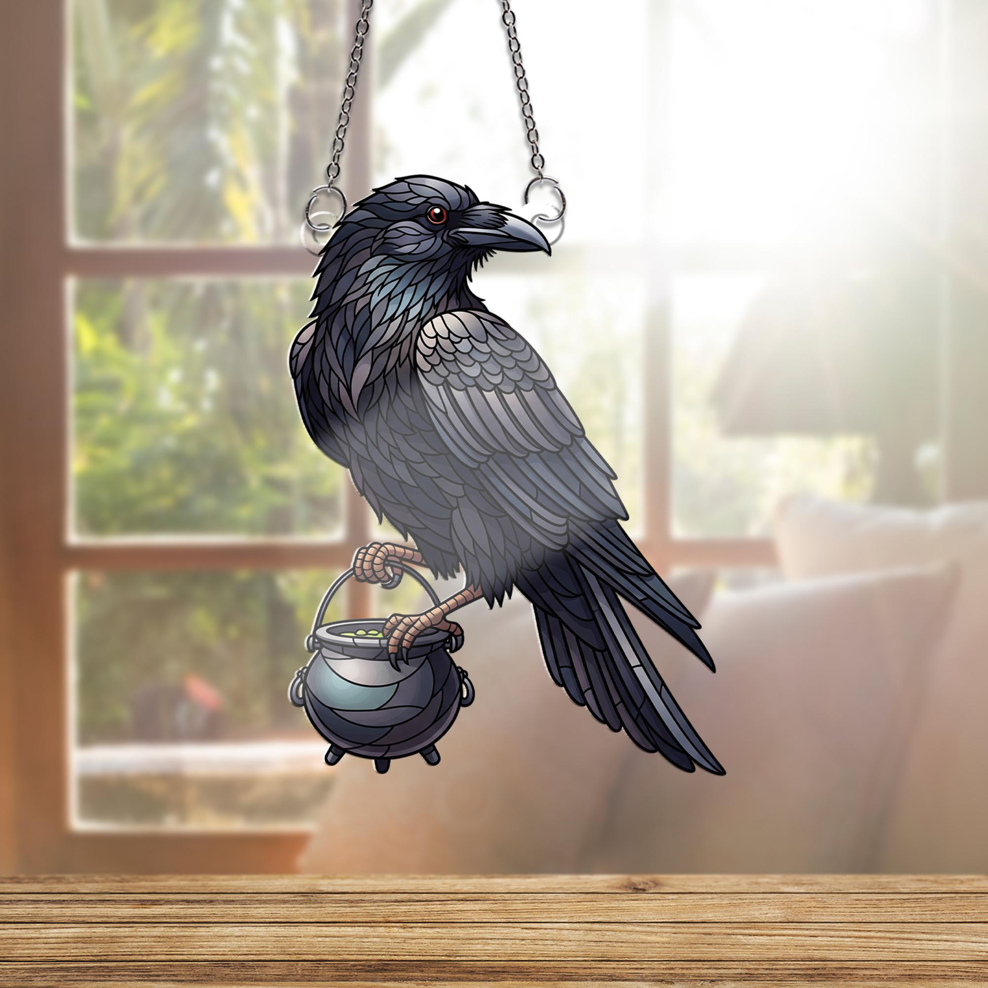Raven with Cauldron Faux Stained Glass Window Hanging – Gothic Witch Decor, Halloween Suncatcher, Spooky Raven Witchcraft Gift