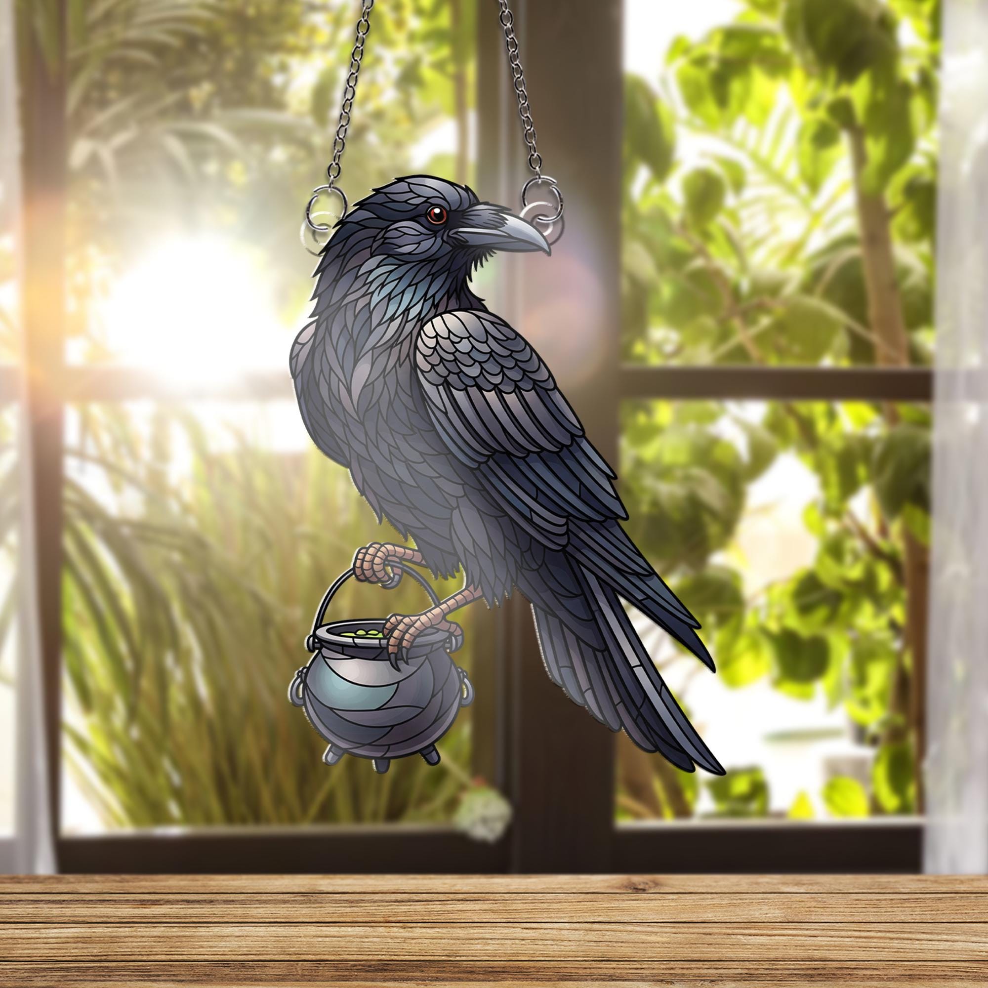 Raven with Cauldron Faux Stained Glass Window Hanging – Gothic Witch Decor, Halloween Suncatcher, Spooky Raven Witchcraft Gift