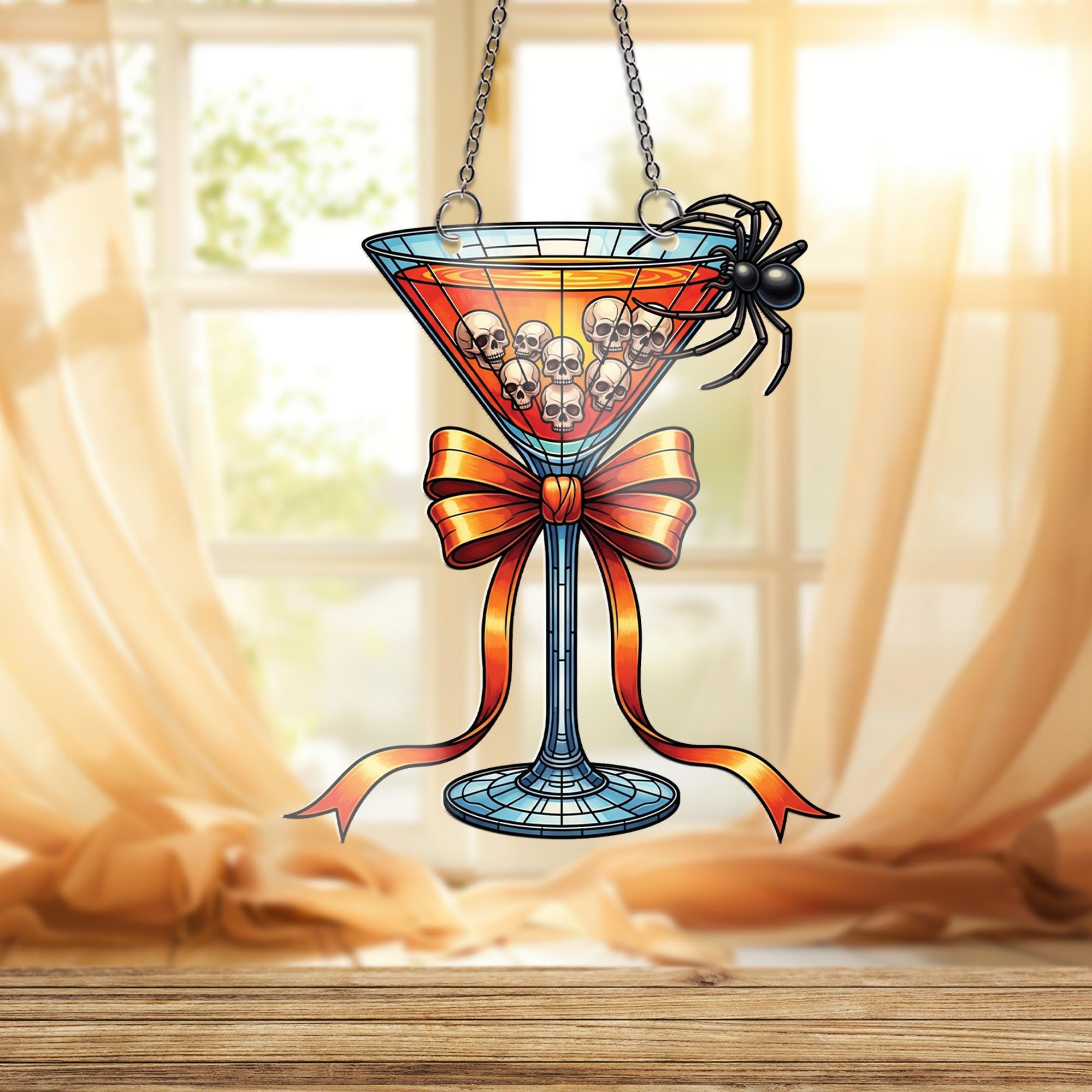Spooky Cocktail Suncatcher, Halloween Martini Glass Ornament, Skull & Spider Bar Decor, Stained Glass Wall Hanging, Halloween Party Gift