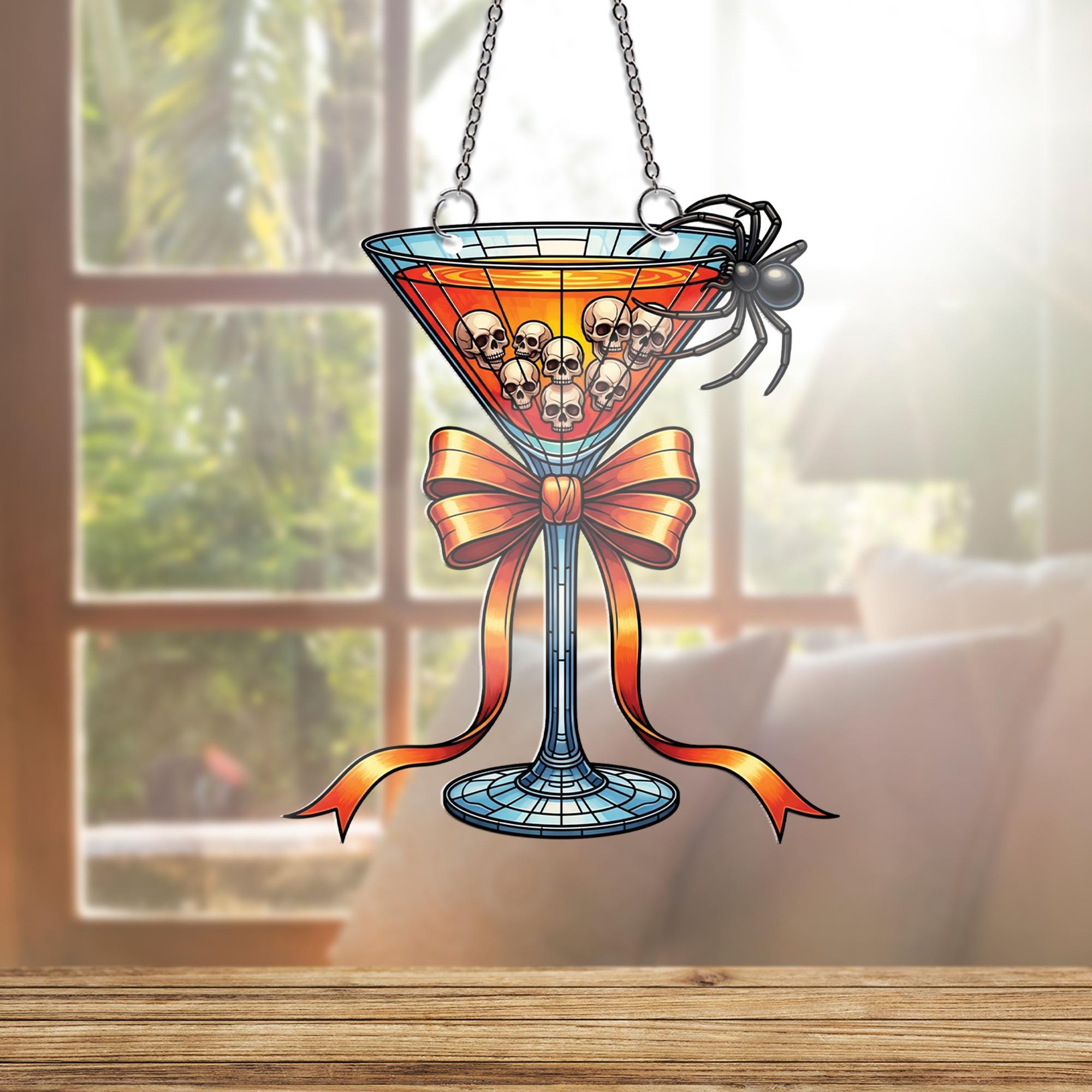 Spooky Cocktail Suncatcher, Halloween Martini Glass Ornament, Skull & Spider Bar Decor, Stained Glass Wall Hanging, Halloween Party Gift