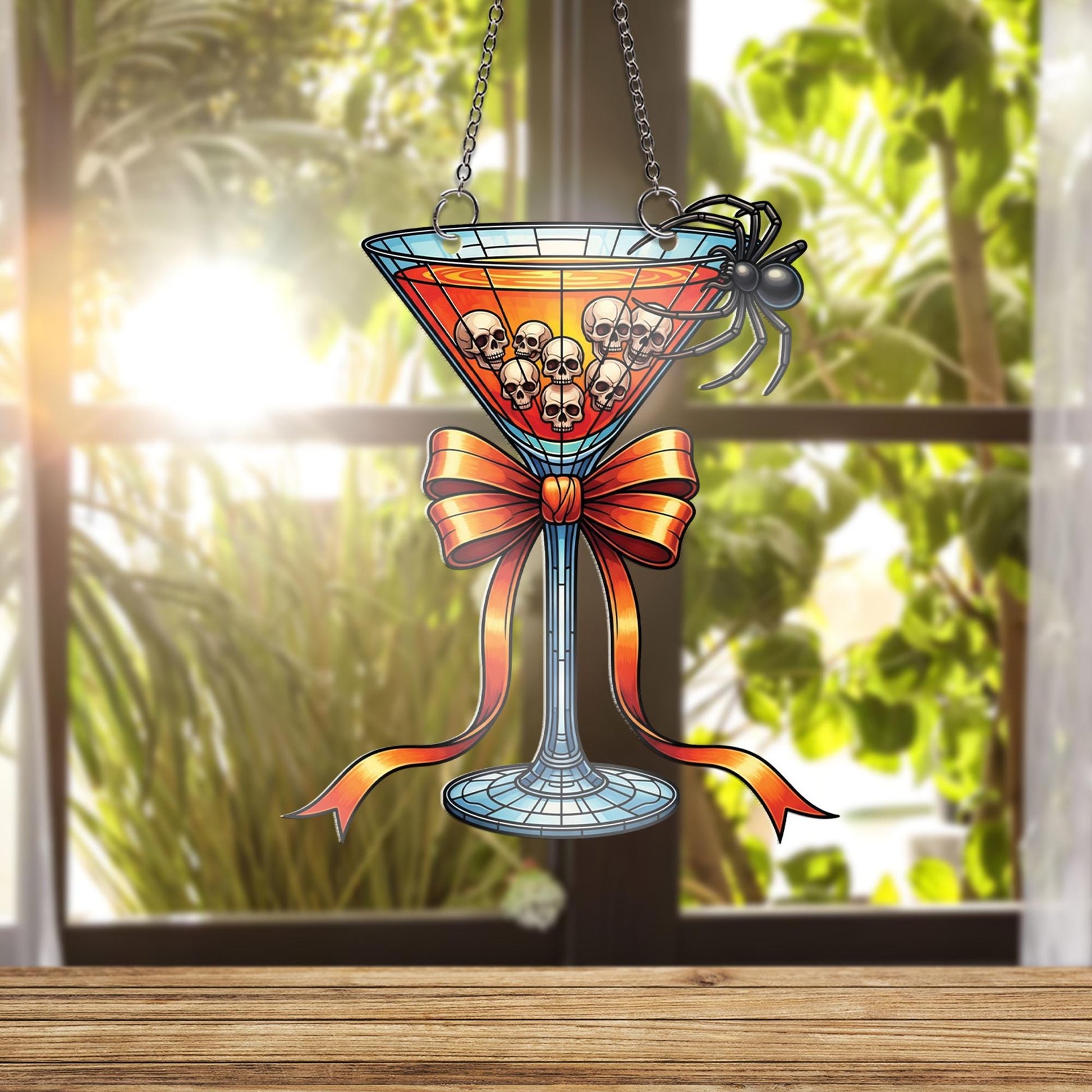 Spooky Cocktail Suncatcher, Halloween Martini Glass Ornament, Skull & Spider Bar Decor, Stained Glass Wall Hanging, Halloween Party Gift