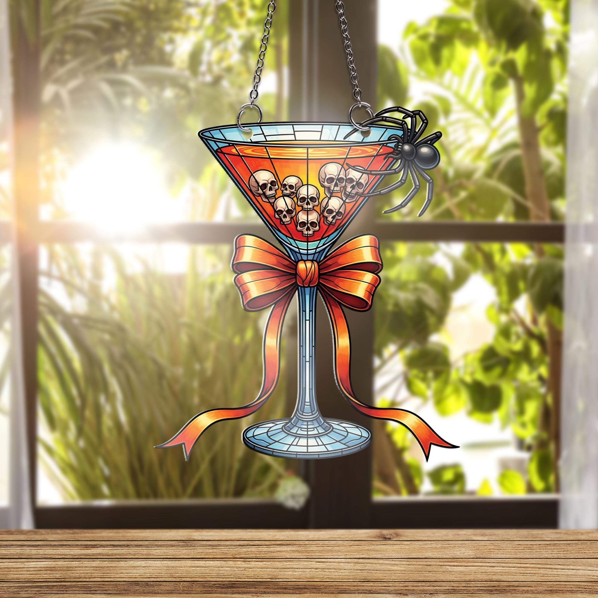 Spooky Cocktail Suncatcher, Halloween Martini Glass Ornament, Skull & Spider Bar Decor, Stained Glass Wall Hanging, Halloween Party Gift