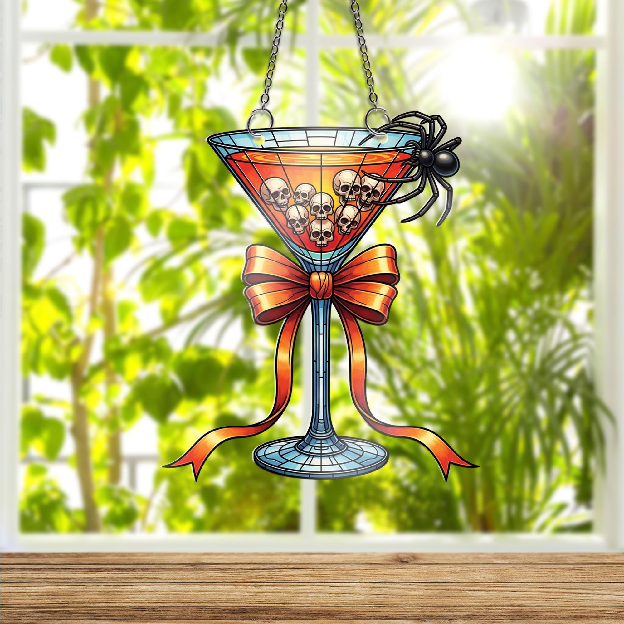 Spooky Cocktail Suncatcher, Halloween Martini Glass Ornament, Skull & Spider Bar Decor, Stained Glass Wall Hanging, Halloween Party Gift
