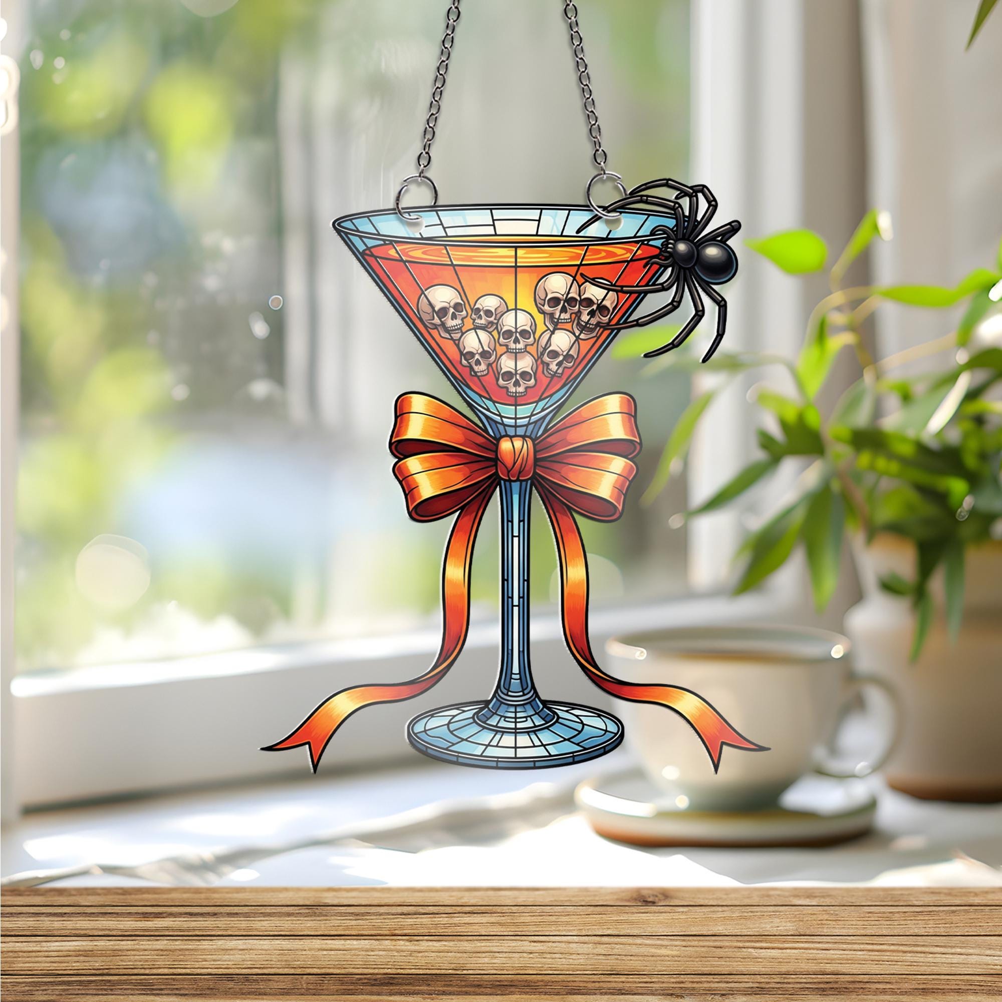 Spooky Cocktail Suncatcher, Halloween Martini Glass Ornament, Skull & Spider Bar Decor, Stained Glass Wall Hanging, Halloween Party Gift