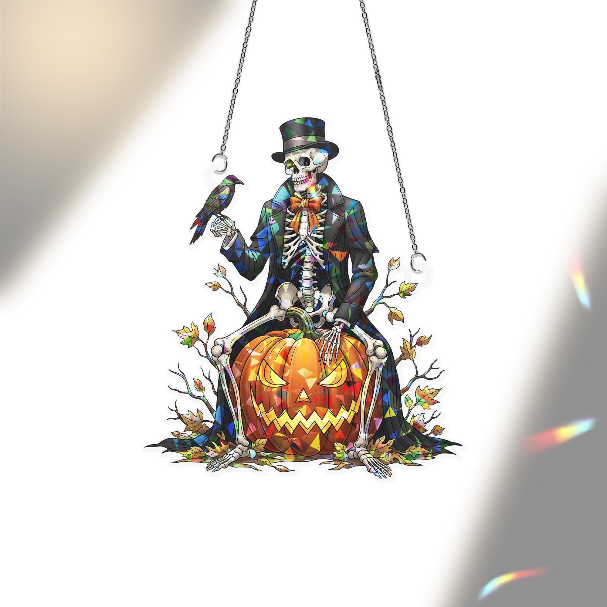 Dapper Skeleton Suncatcher, Gothic Halloween Decor, Stained Glass Jack o' Lantern & Raven Art, Victorian Spooky Wall Hanging