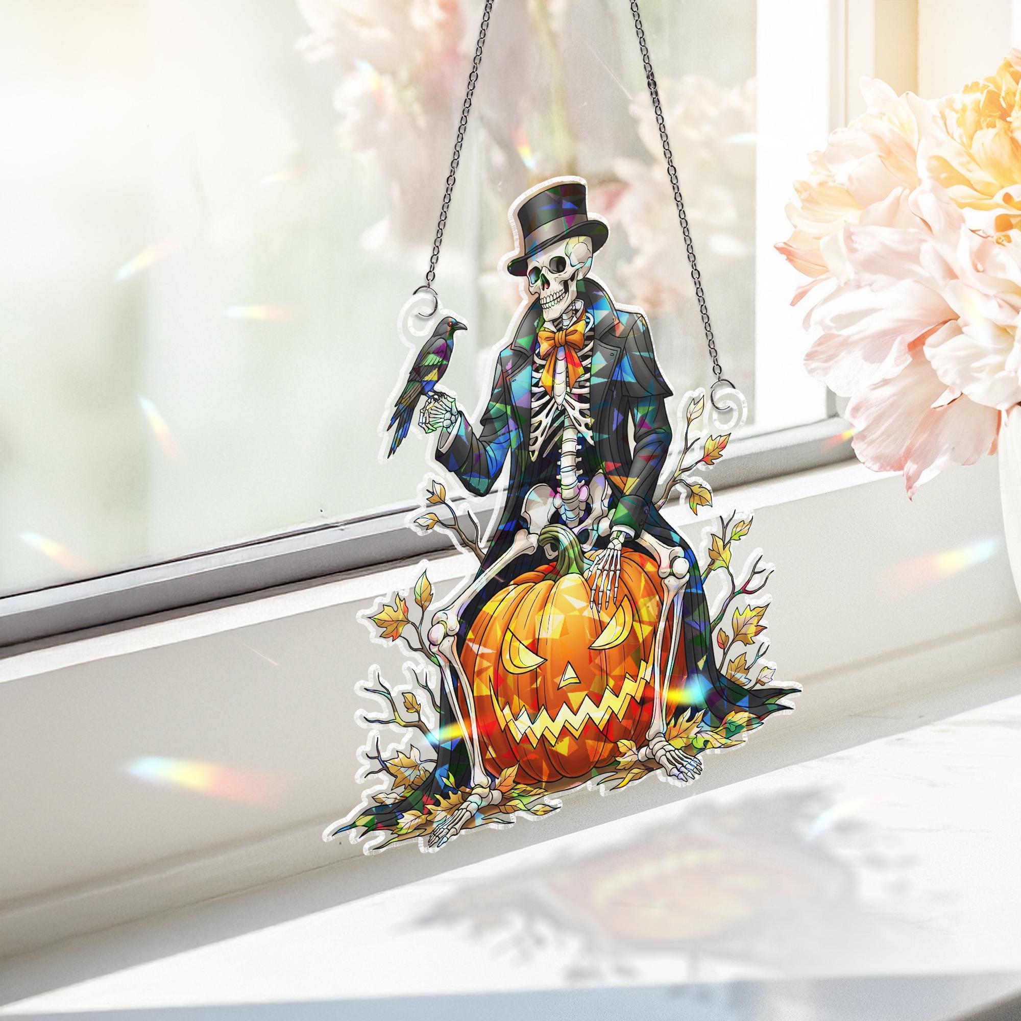 Dapper Skeleton Suncatcher, Gothic Halloween Decor, Stained Glass Jack o' Lantern & Raven Art, Victorian Spooky Wall Hanging