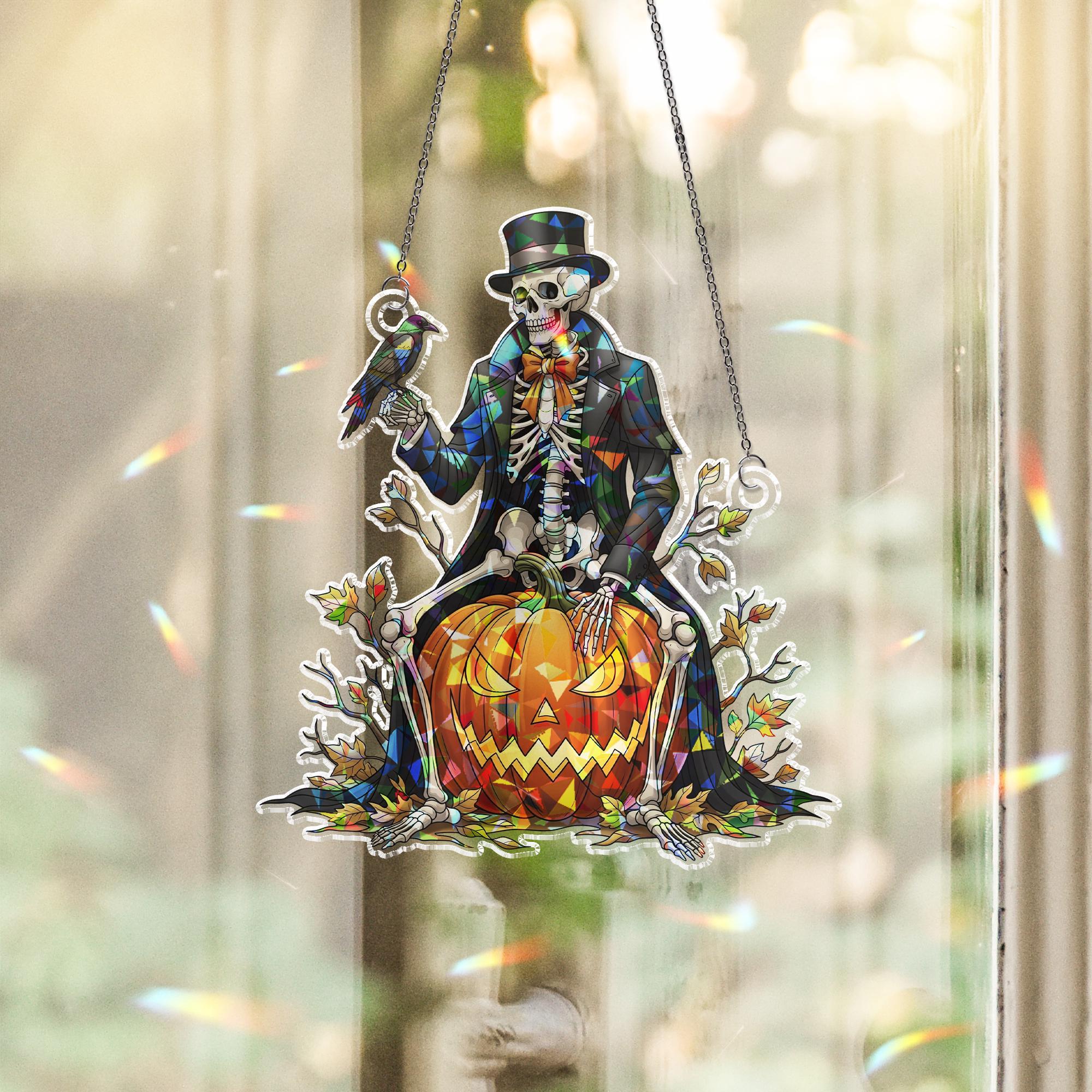 Dapper Skeleton Suncatcher, Gothic Halloween Decor, Stained Glass Jack o' Lantern & Raven Art, Victorian Spooky Wall Hanging