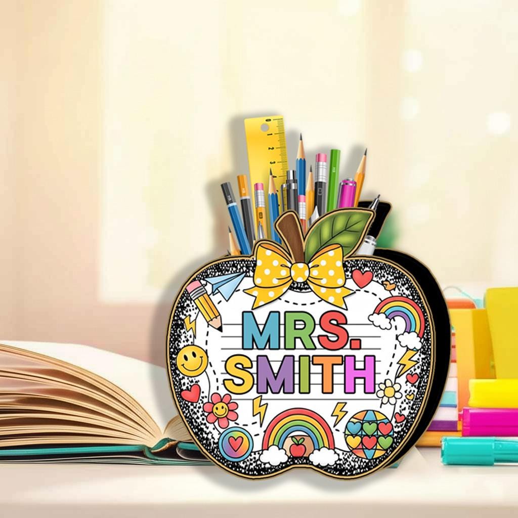 Personalized Teacher Pencil Holder Apple Desk Organizer – Colorful Name Classroom Decor Gift for Back to School or Teacher Appreciation