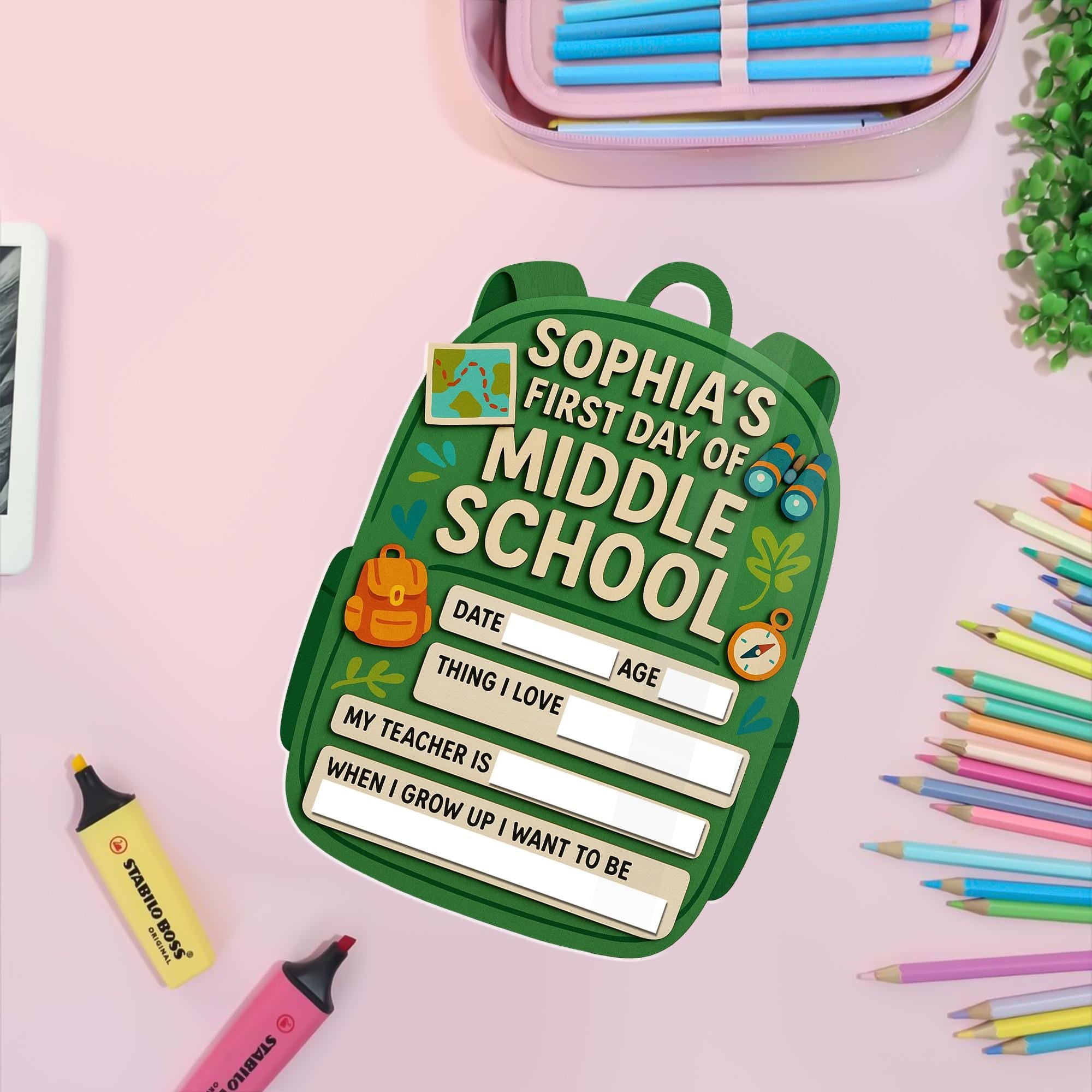 Personalized First Day of Middle School Board, Reusable Milestone Sign, Backpack Chalkboard Style Photo Prop for Kids Back to School Memory