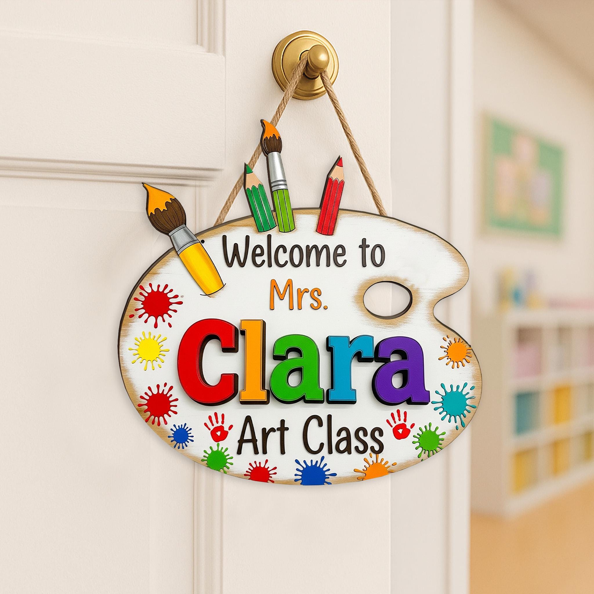 Personalized Art Class Sign, 2 Layer Wooden Teacher Door Decor, Custom Paint Palette Name Sign, Custom Classroom Gift