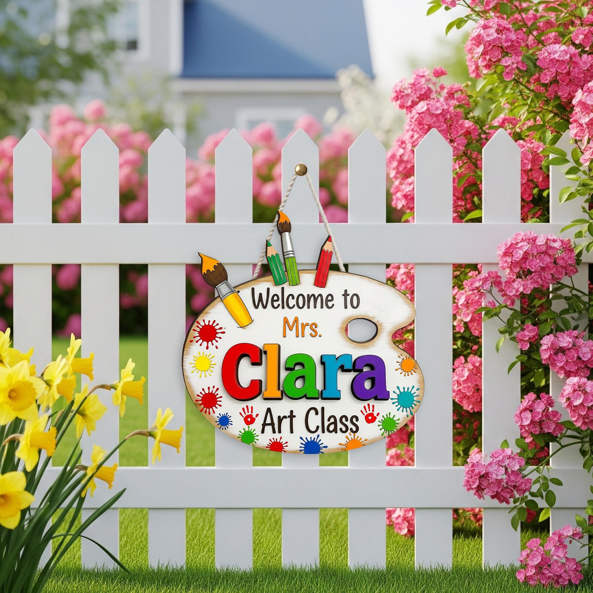 Personalized Art Class Sign, 2 Layer Wooden Teacher Door Decor, Custom Paint Palette Name Sign, Custom Classroom Gift