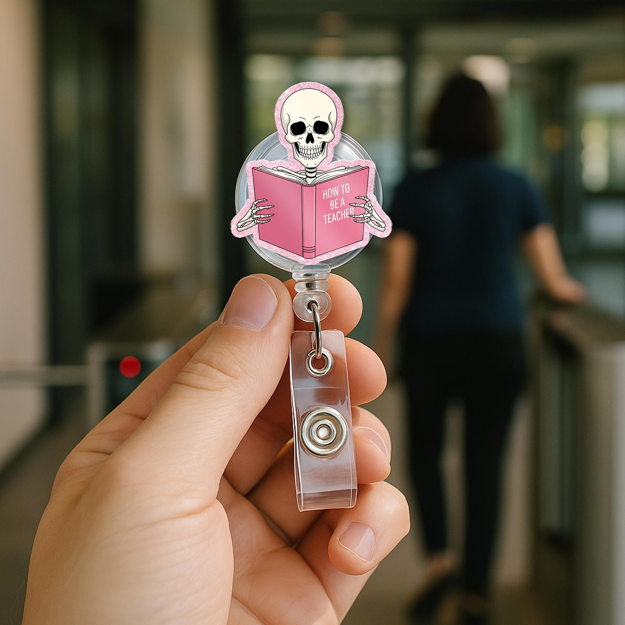 Funny Teacher Badge Reel, Skeleton Reading “How to Be a Teacher” Book, ID Holder for Educators, Nurse, or Staff, Teachers, Back To School