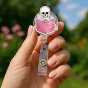 Funny Teacher Badge Reel, Skeleton Reading “How to Be a Teacher” Book, ID Holder for Educators, Nurse, or Staff, Teachers, Back To School