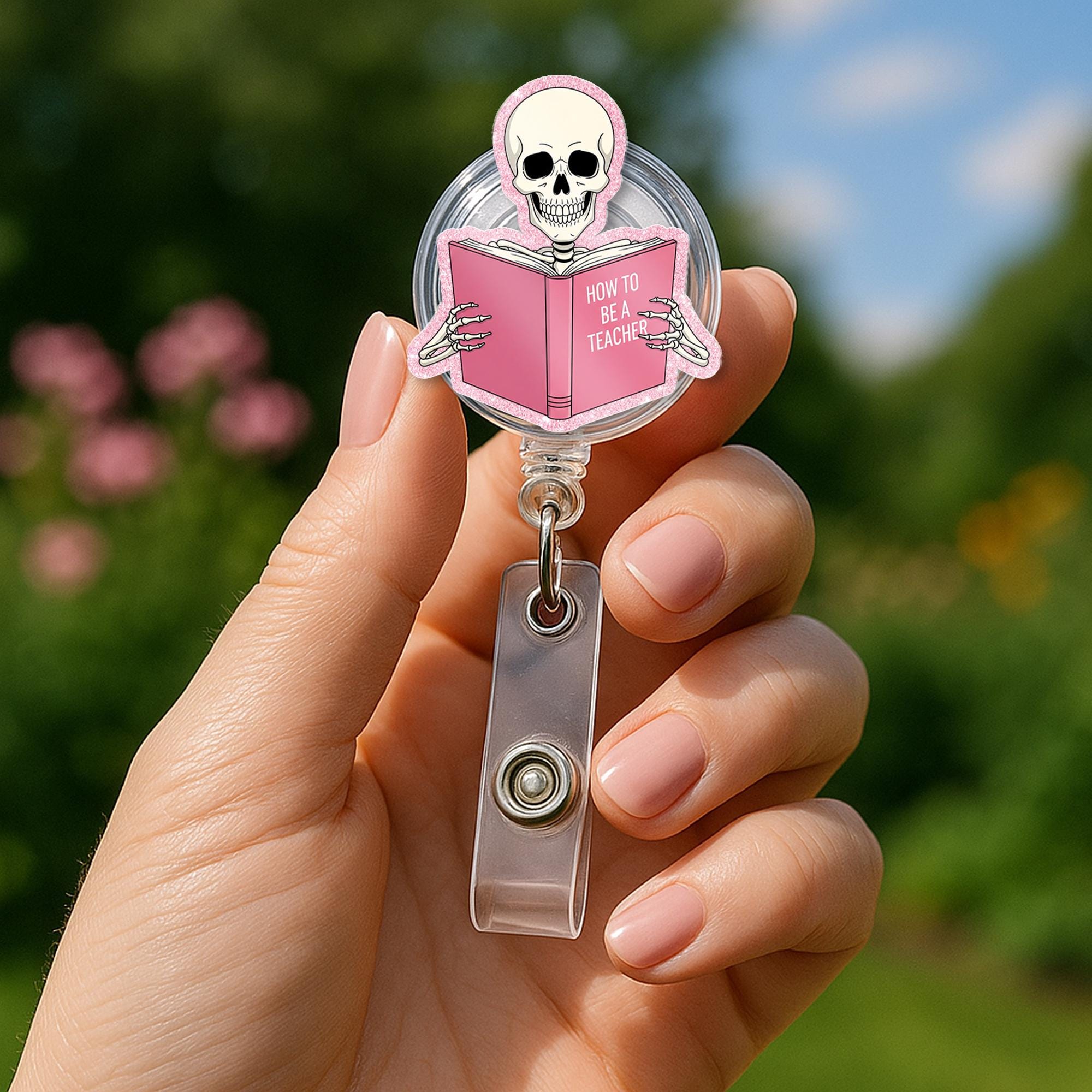 Funny Teacher Badge Reel, Skeleton Reading “How to Be a Teacher” Book, ID Holder for Educators, Nurse, or Staff, Teachers, Back To School