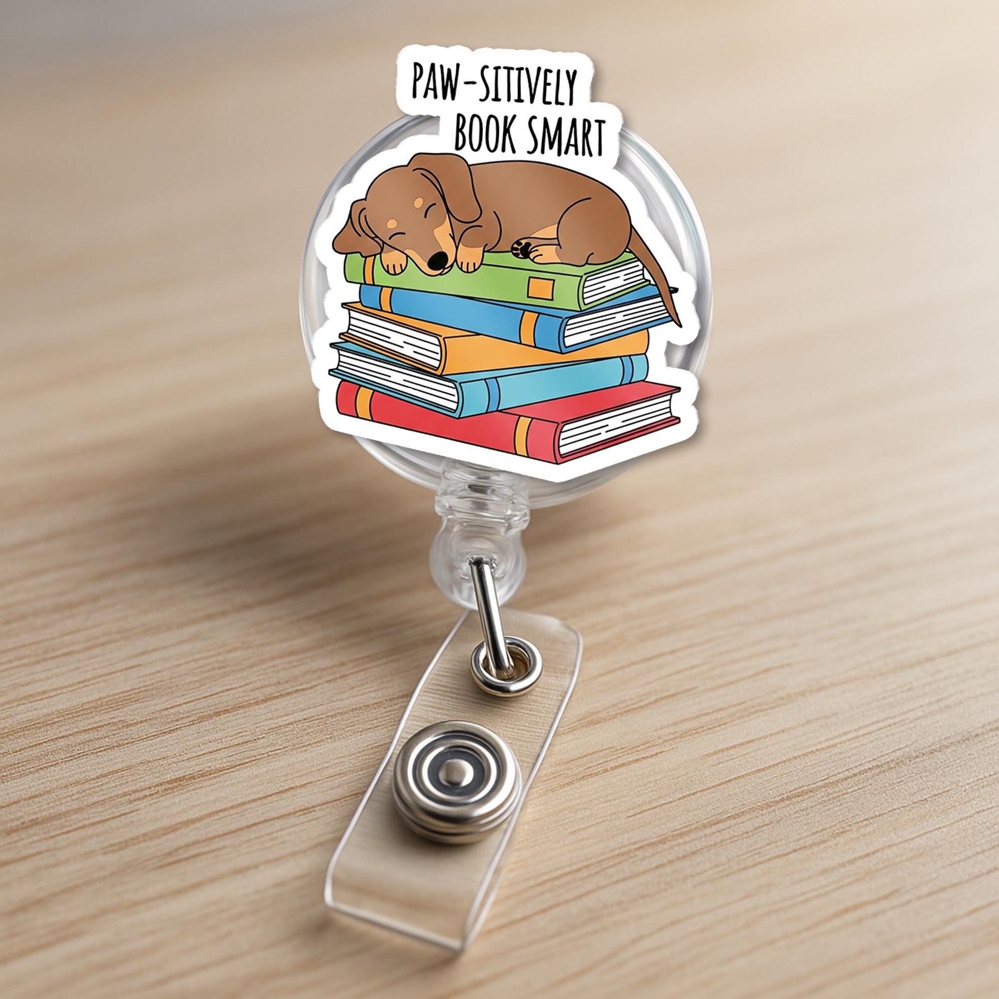 Paw-sitively Book Smart Badge Reel – Cute Dog Sleeping on Books ID Holder for Teachers, Book Lovers, and Librarians, Dog Lover Gift