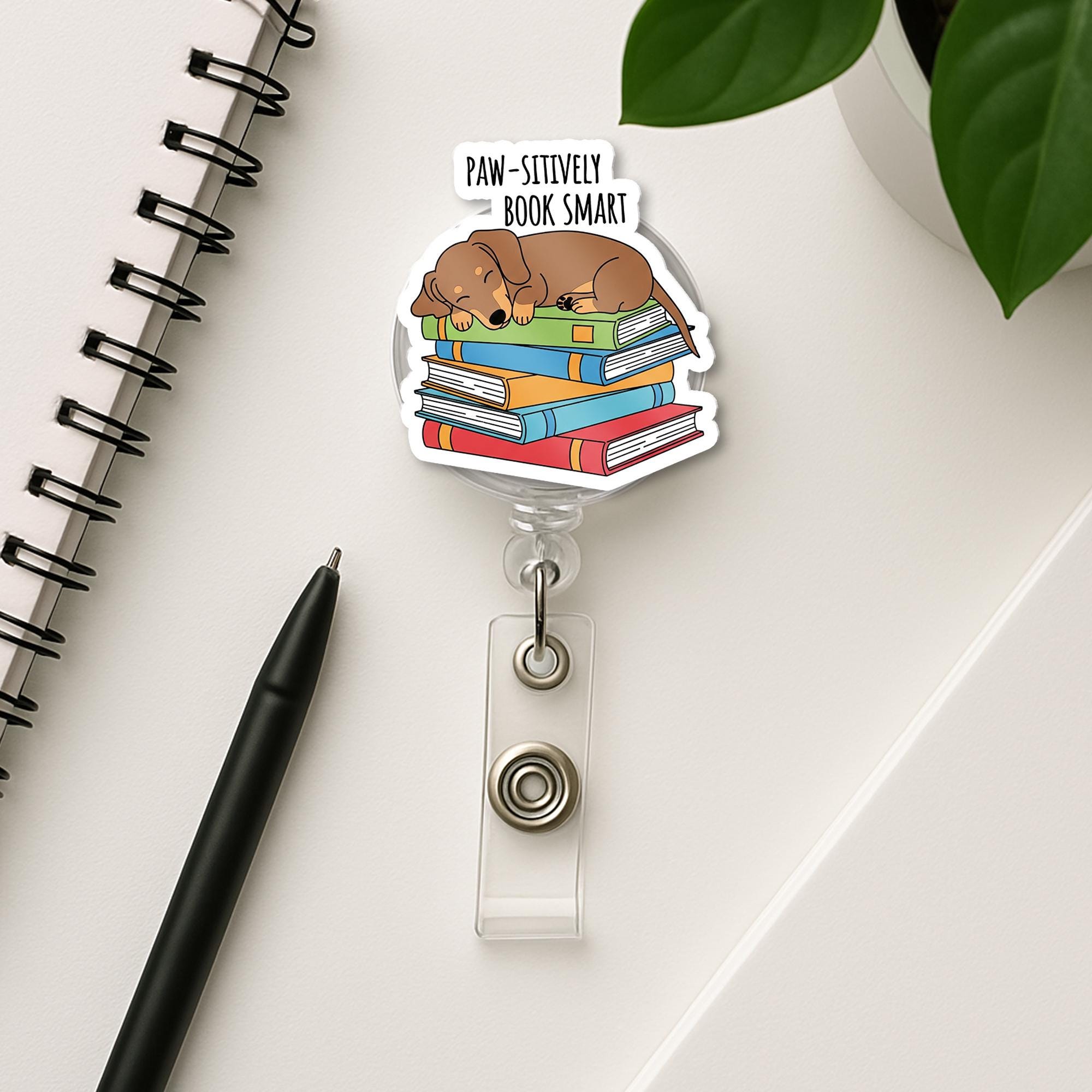 Paw-sitively Book Smart Badge Reel – Cute Dog Sleeping on Books ID Holder for Teachers, Book Lovers, and Librarians, Dog Lover Gift