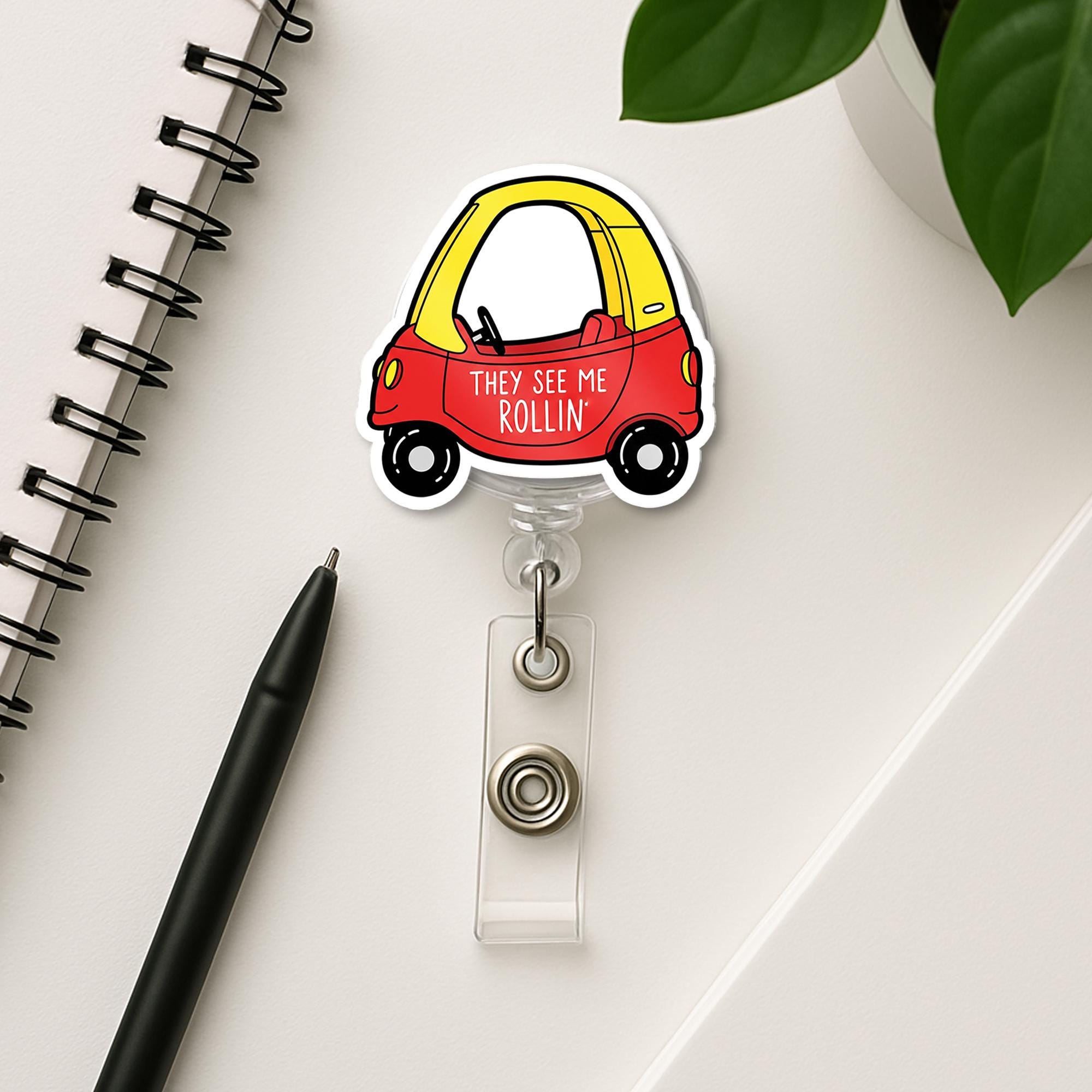 Funny Car Badge Reel – “They See Me Rollin’” Retro Toy Car ID Holder, Cute Accessory for Teachers, Nurses & Staff, Educators Badge Clip