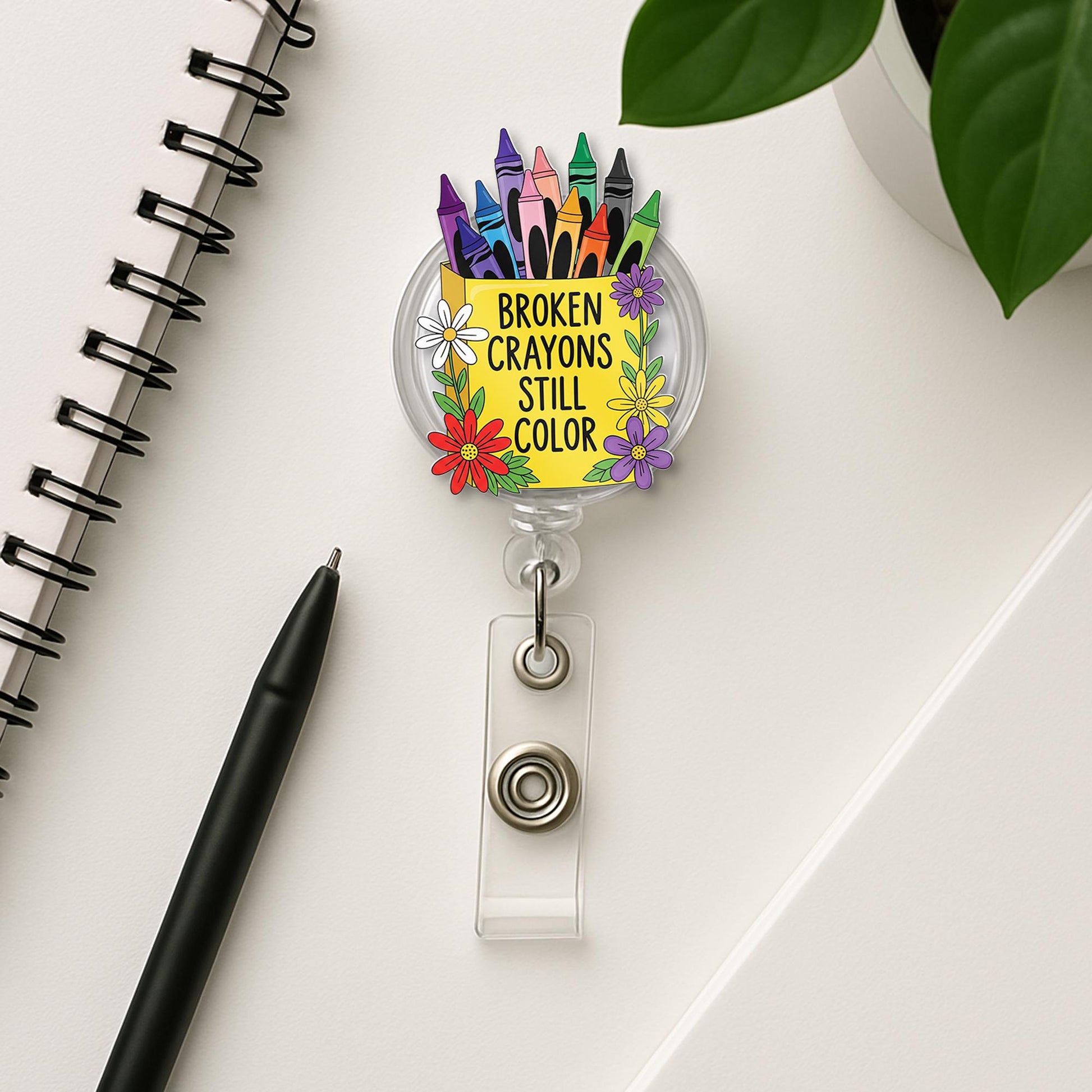 Broken Crayons Still Color Badge Reel – Inspirational Crayon & Flower ID Holder, Cute Teacher or Counselor Gift, Teacher Accessory