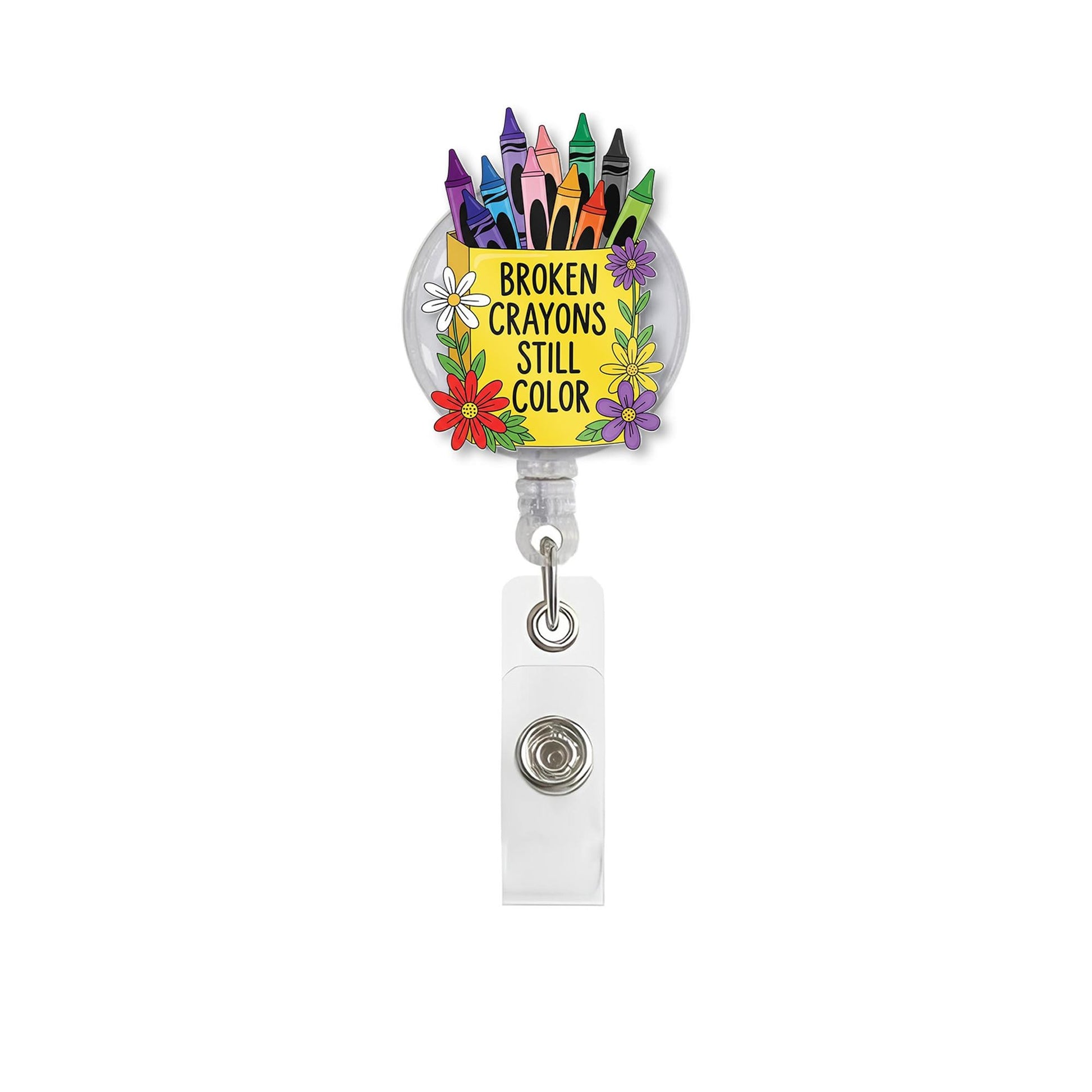 Broken Crayons Still Color Badge Reel – Inspirational Crayon & Flower ID Holder, Cute Teacher or Counselor Gift, Teacher Accessory