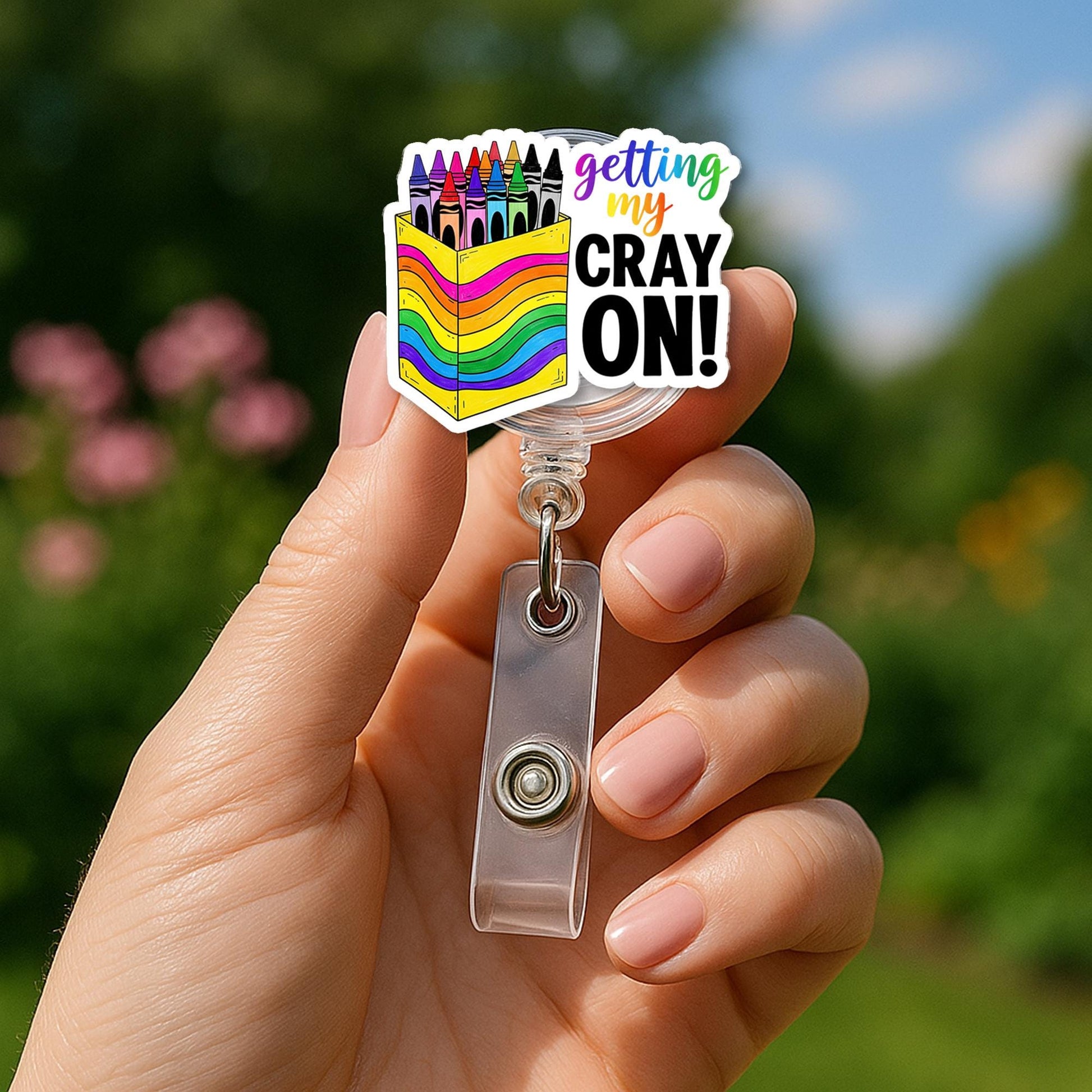 Getting My Cray On Badge Reel – Funny Rainbow Crayon Box ID Holder, Cute Teacher Gift or School Staff Accessory, Teacher Badge Clip