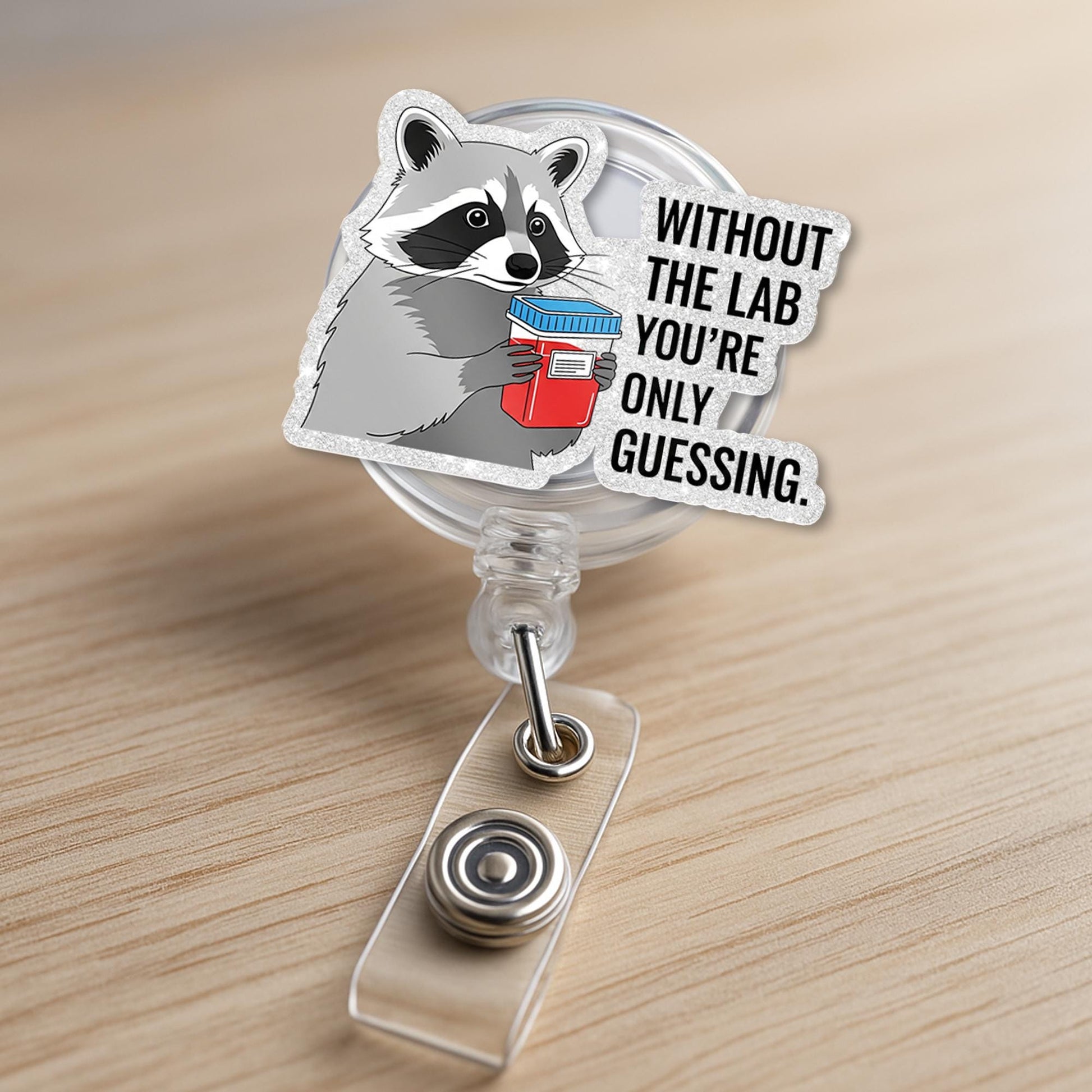 Funny Lab Badge Reel – Raccoon with Specimen Cup “Without the Lab You’re Only Guessing” ID Holder for Lab Techs & Nurses, Science Teachers