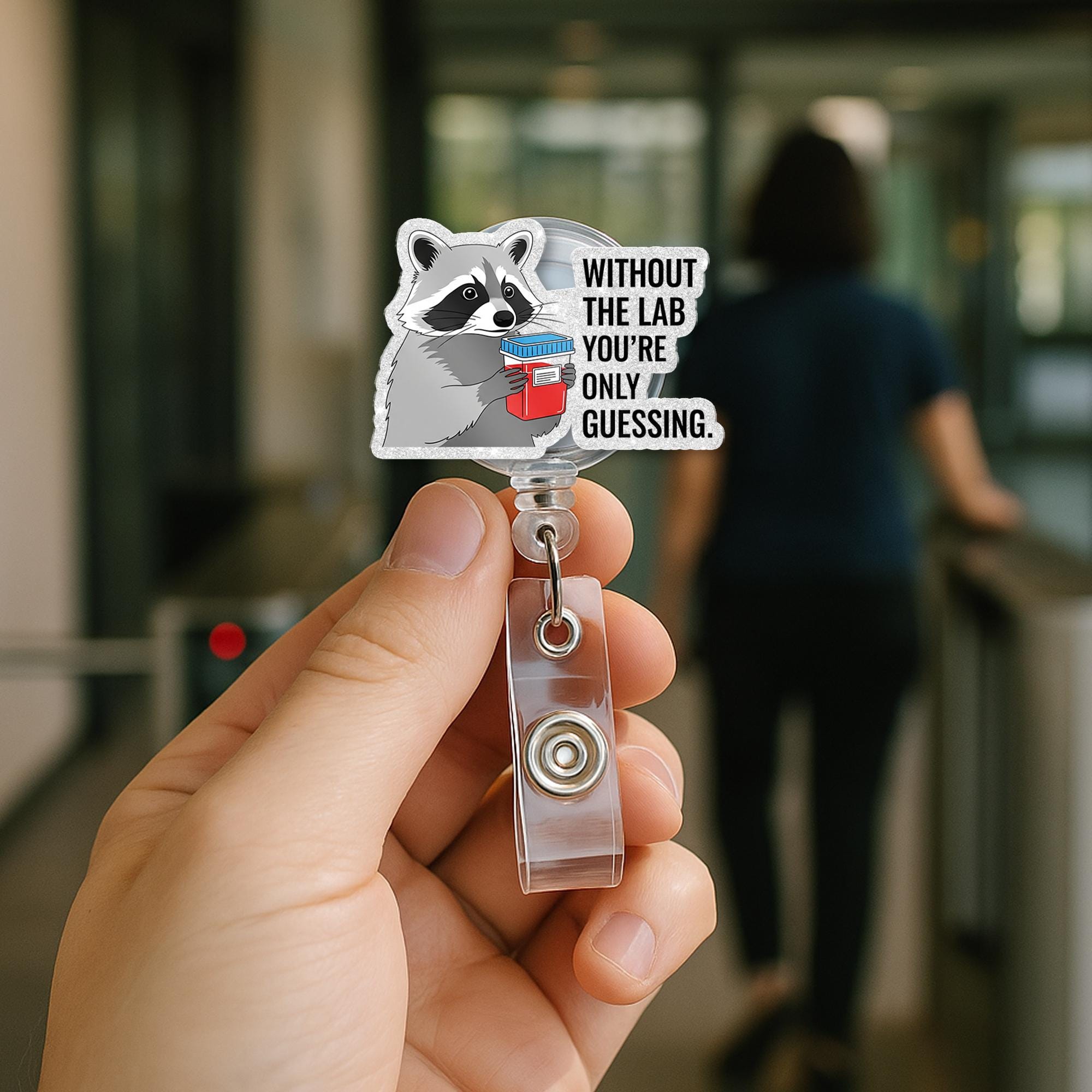 Funny Lab Badge Reel – Raccoon with Specimen Cup “Without the Lab You’re Only Guessing” ID Holder for Lab Techs & Nurses, Science Teachers