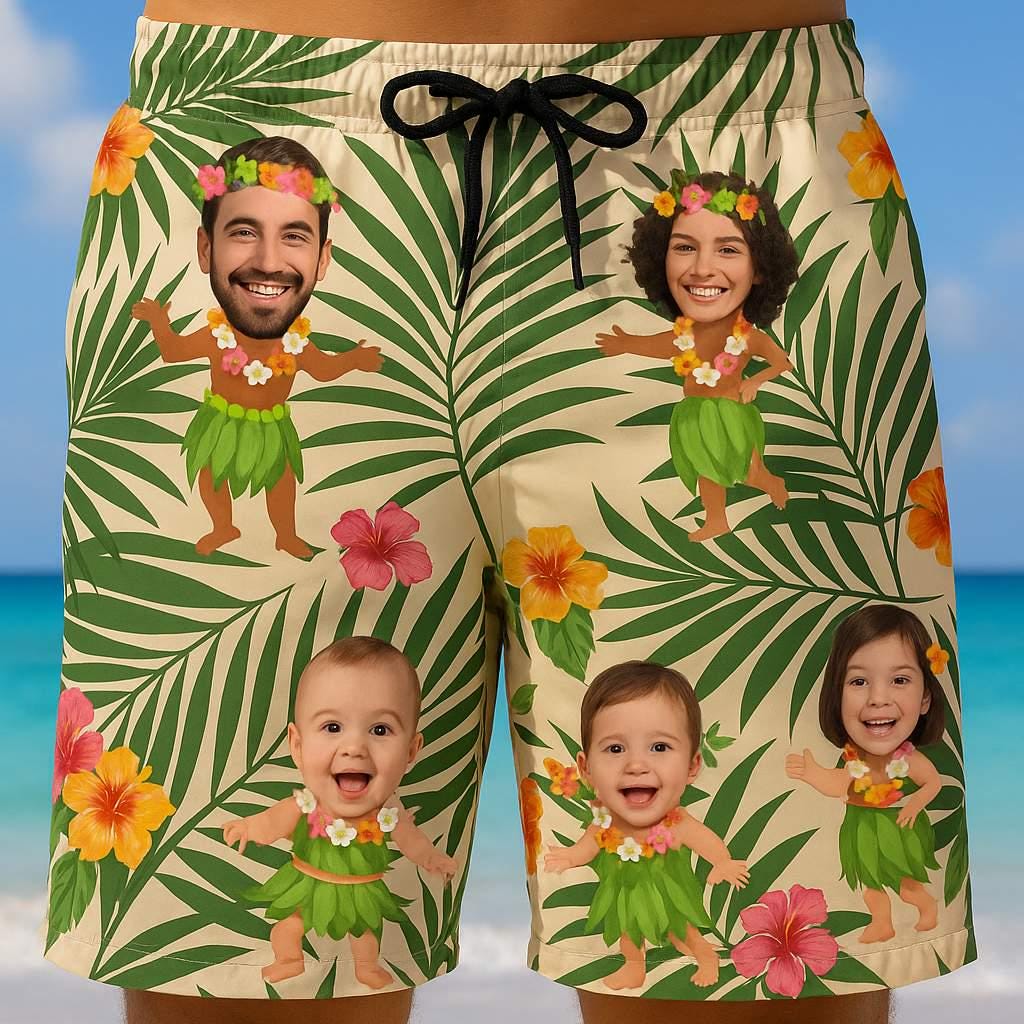Custom Face Hawaiian unisex Shorts, Funny Personalized Family Hula Swim Trunks, Luau Photo Gift for Dad, Summer Beach Vacation Outfit