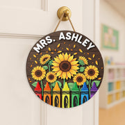 Personalized Teacher Sign with Sunflowers & Crayons – Custom Classroom Door Hanger – Wooden 2 Layer Back to School Gift
