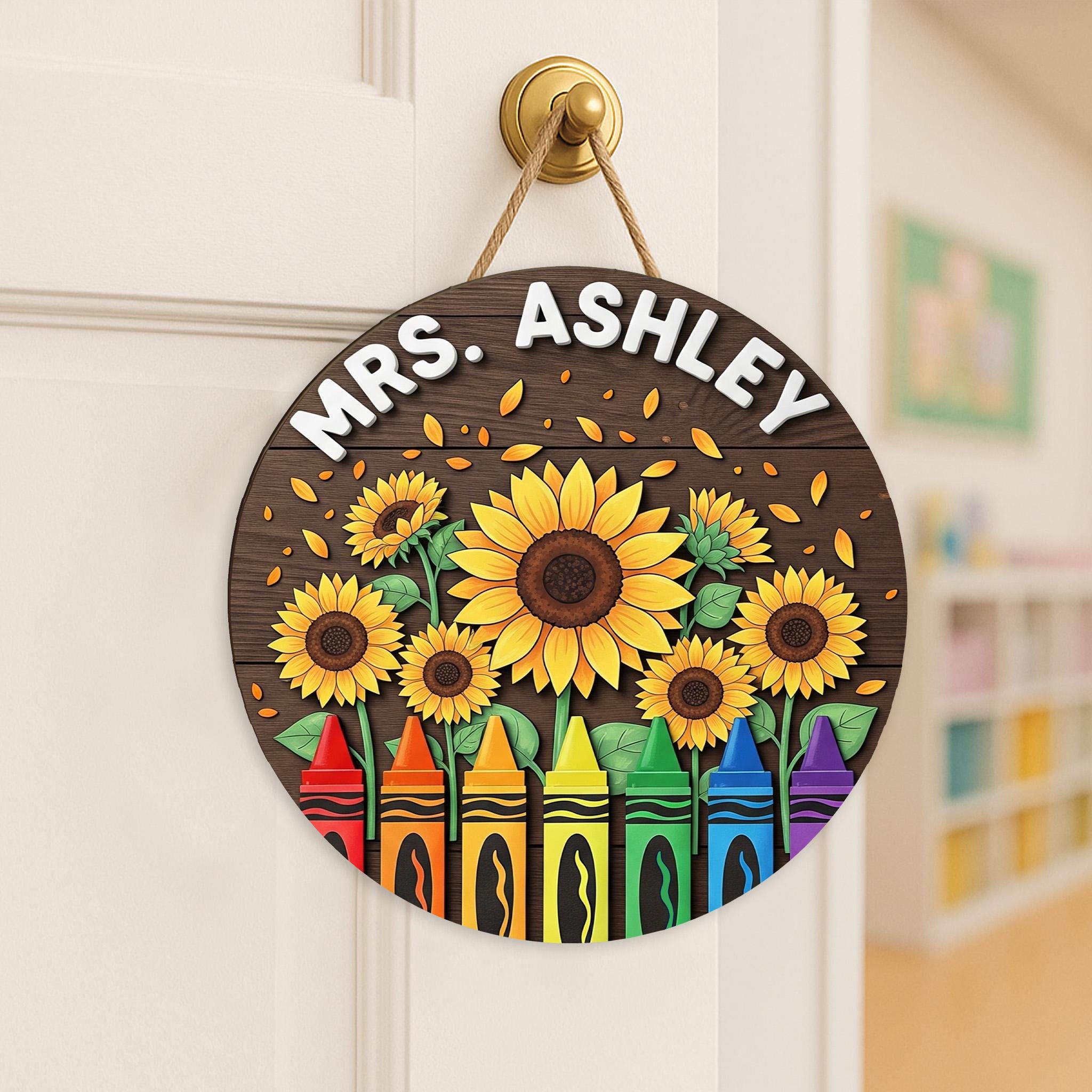Personalized Teacher Sign with Sunflowers & Crayons – Custom Classroom Door Hanger – Wooden 2 Layer Back to School Gift