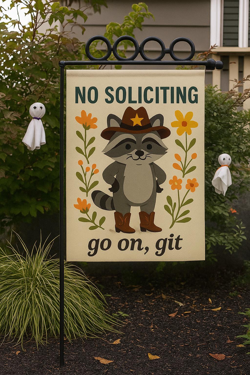 Funny No Soliciting Garden Flag, Cowboy Raccoon Yard Sign, Go On Git Porch Decor, Western Outdoor Welcome Flag with Animal Design