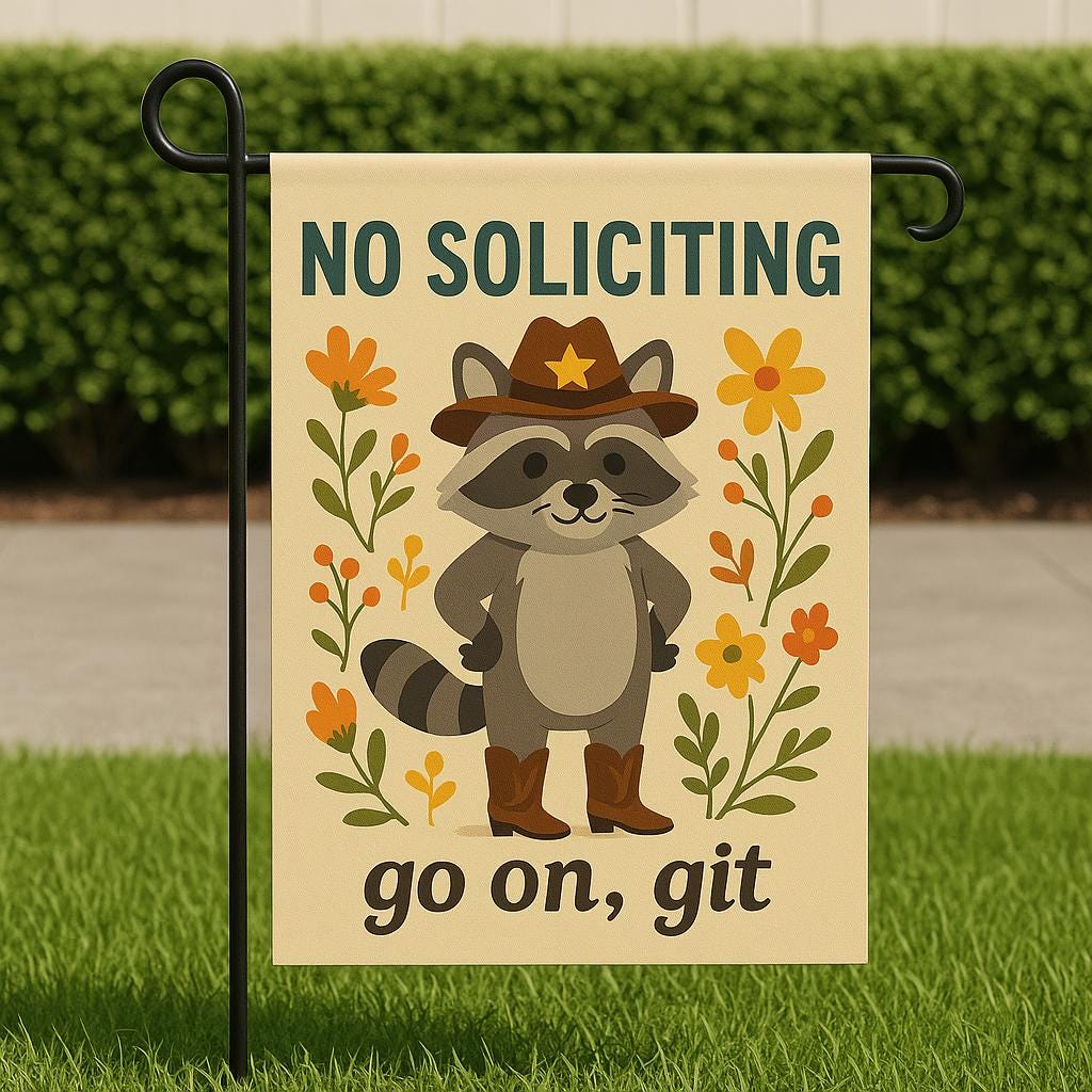 Funny No Soliciting Garden Flag, Cowboy Raccoon Yard Sign, Go On Git Porch Decor, Western Outdoor Welcome Flag with Animal Design