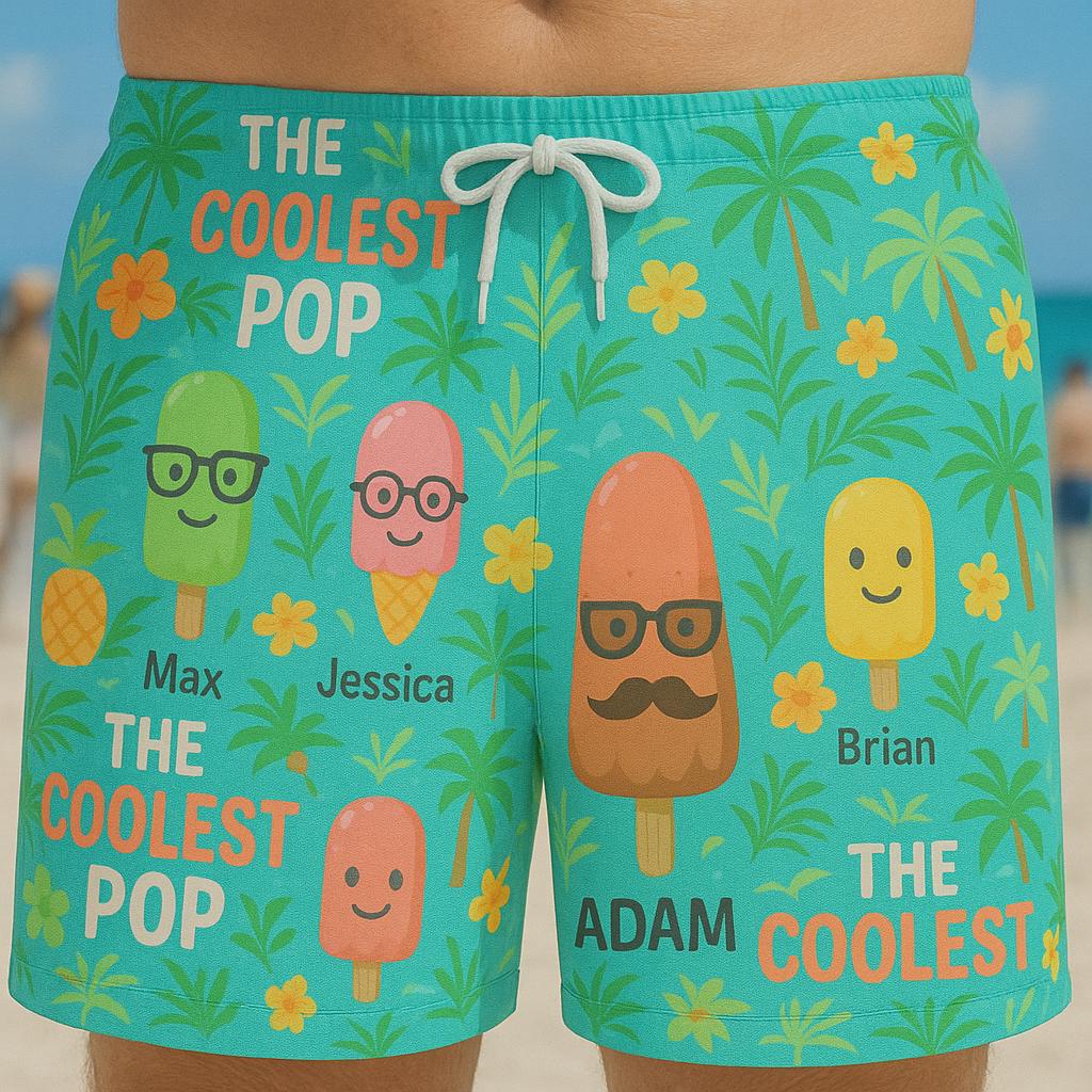 Custom Name Ice Pop Swim Shorts, Personalized Tropical Summer Trunks, Fun Family Beachwear, Cute Matching Pool Party Outfit