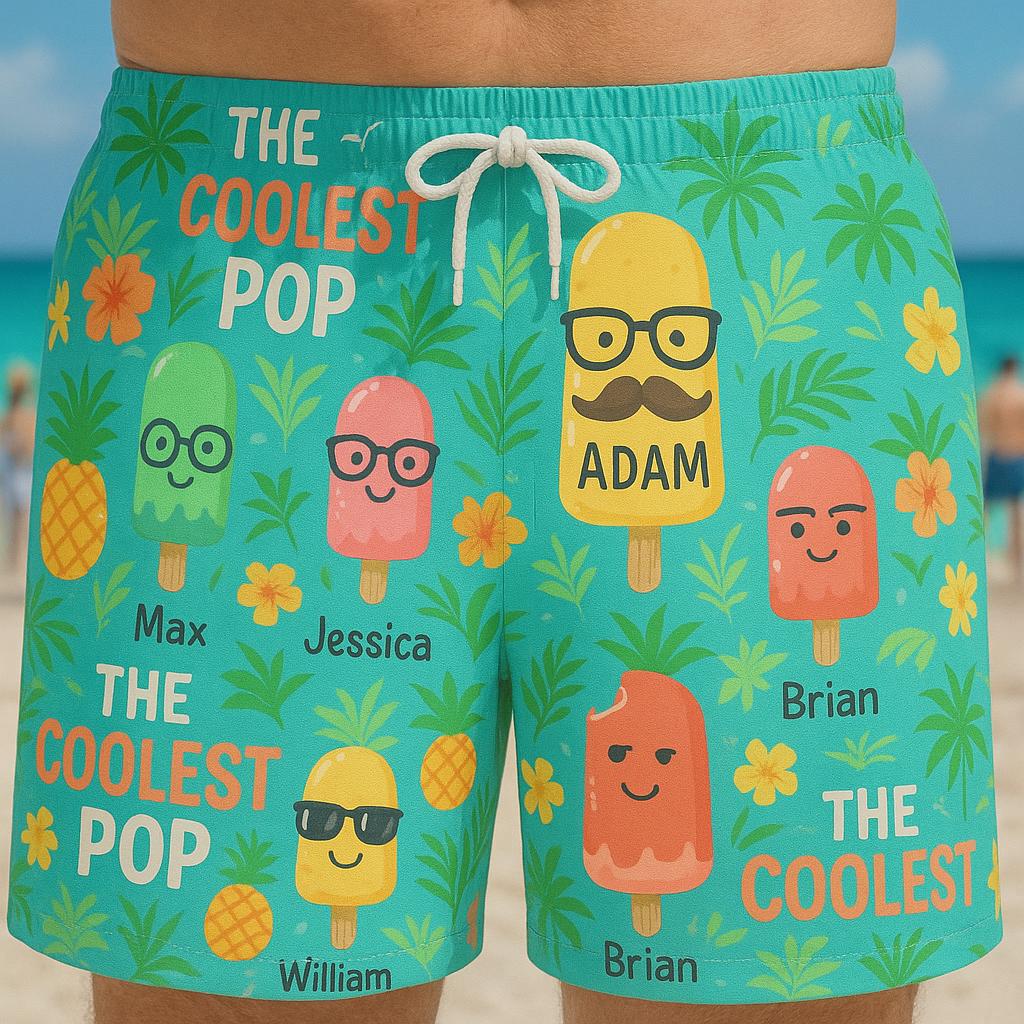 Custom Name Ice Pop Swim Shorts, Personalized Tropical Summer Trunks, Fun Family Beachwear, Cute Matching Pool Party Outfit
