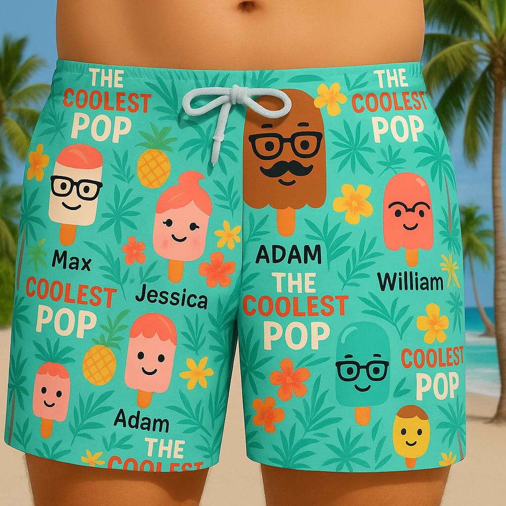 Custom Name Ice Pop Swim Shorts, Personalized Tropical Summer Trunks, Fun Family Beachwear, Cute Matching Pool Party Outfit