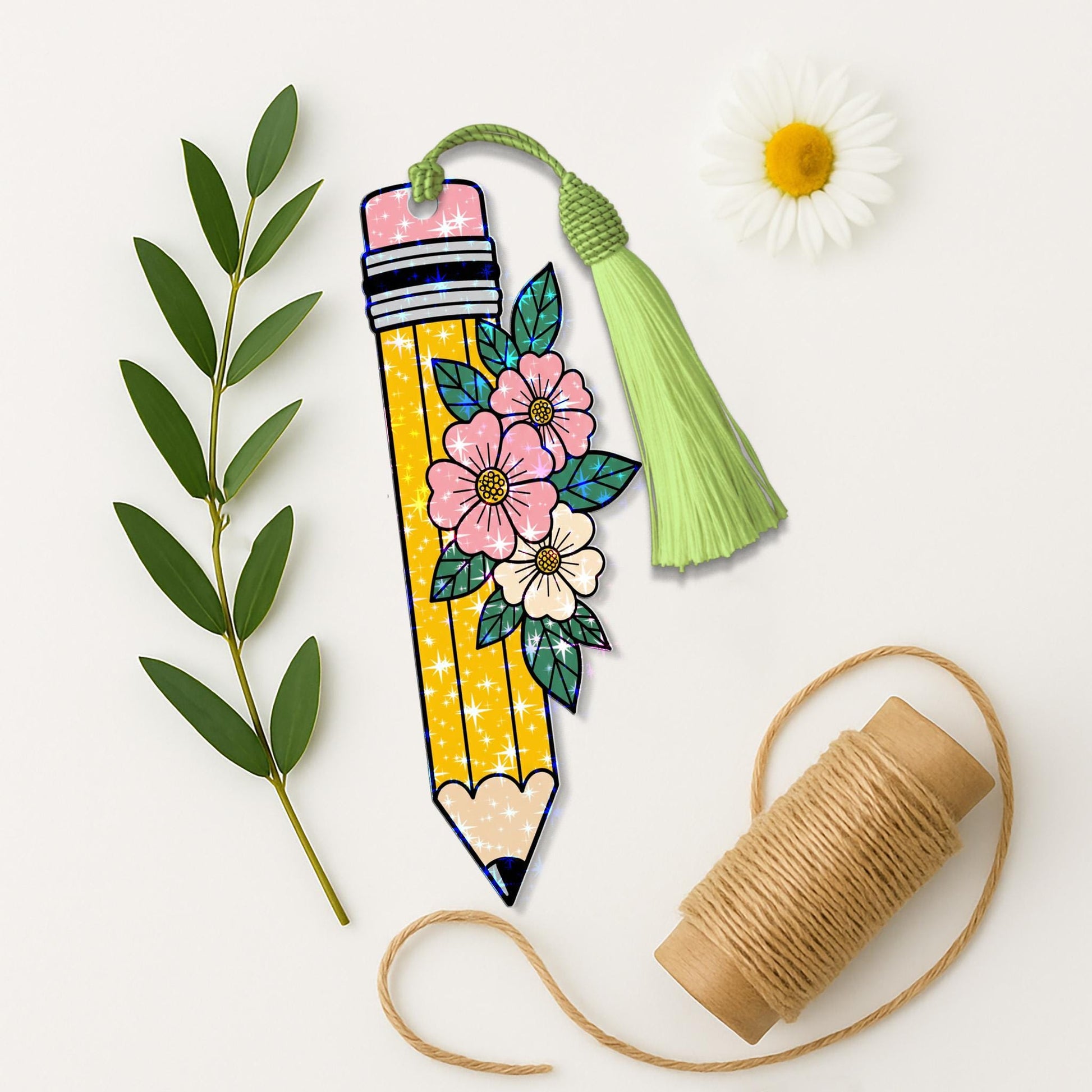 Floral Pencil Hologram Bookmark with Tassel – Cute Teacher Gift for Book Lovers – Back to School Classroom Accessory – Bookworm Favor