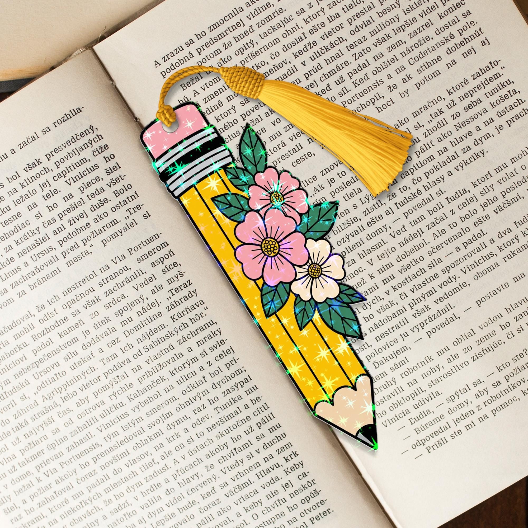 Floral Pencil Hologram Bookmark with Tassel – Cute Teacher Gift for Book Lovers – Back to School Classroom Accessory – Bookworm Favor