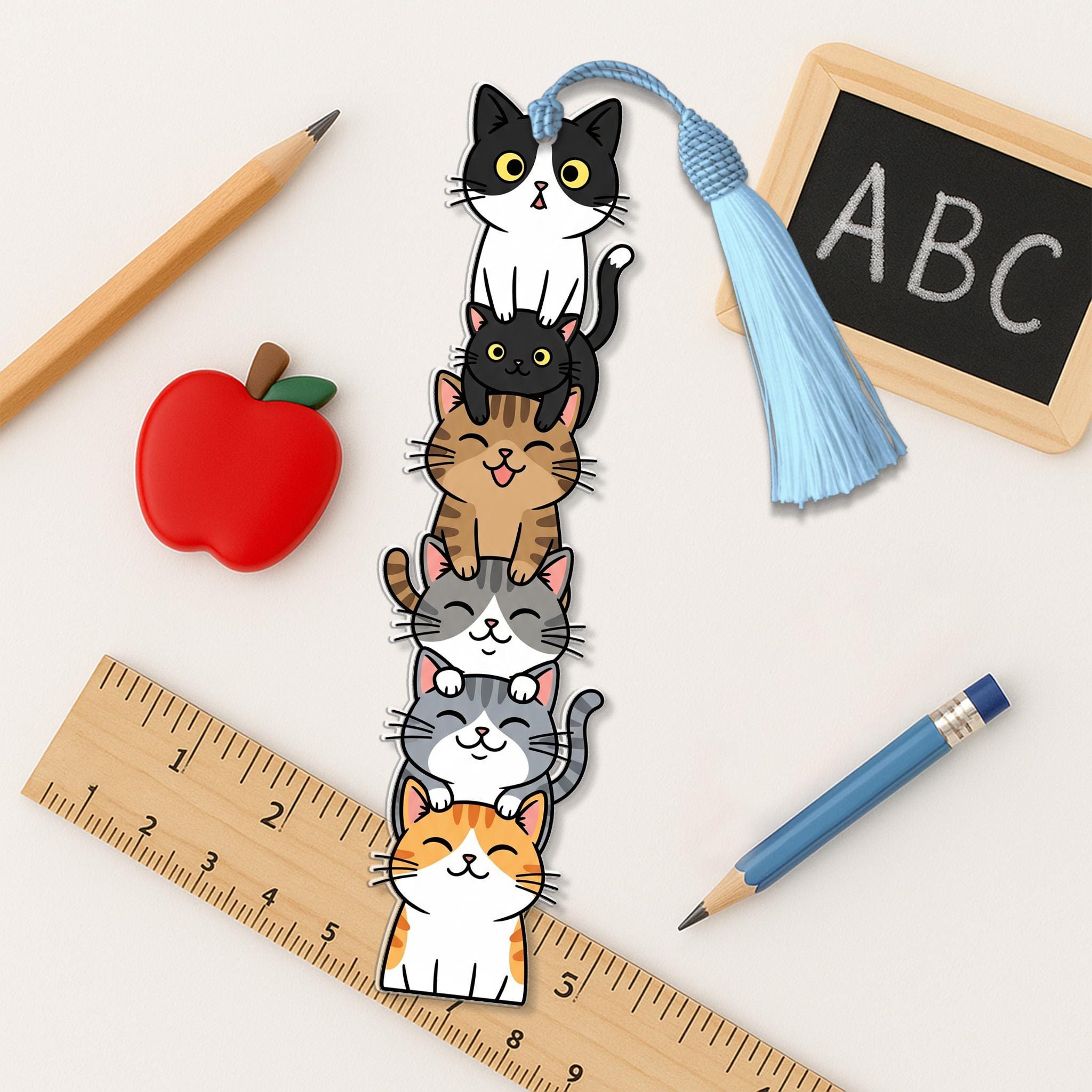 Cute Cat Bookmark with Tassel – Stack of Kittens Design – Gift for Book Lovers, Readers, Students, and Cat Owners – Fun Bookmark