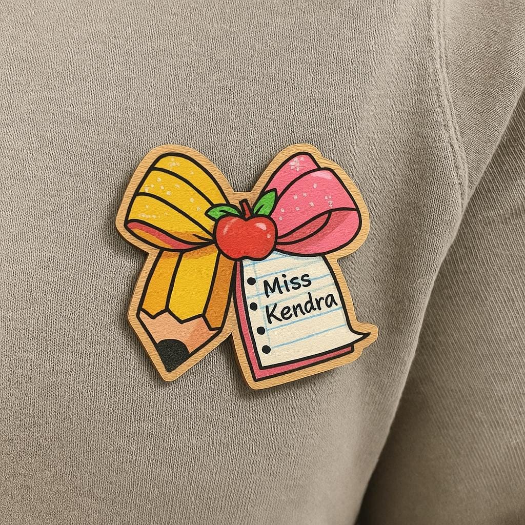 Custom Teacher Name Tag Magnet, Pencil Apple Bow Badge, Personalized Back to School Gift for Classroom, Cute Teacher Name Sign 1 layer