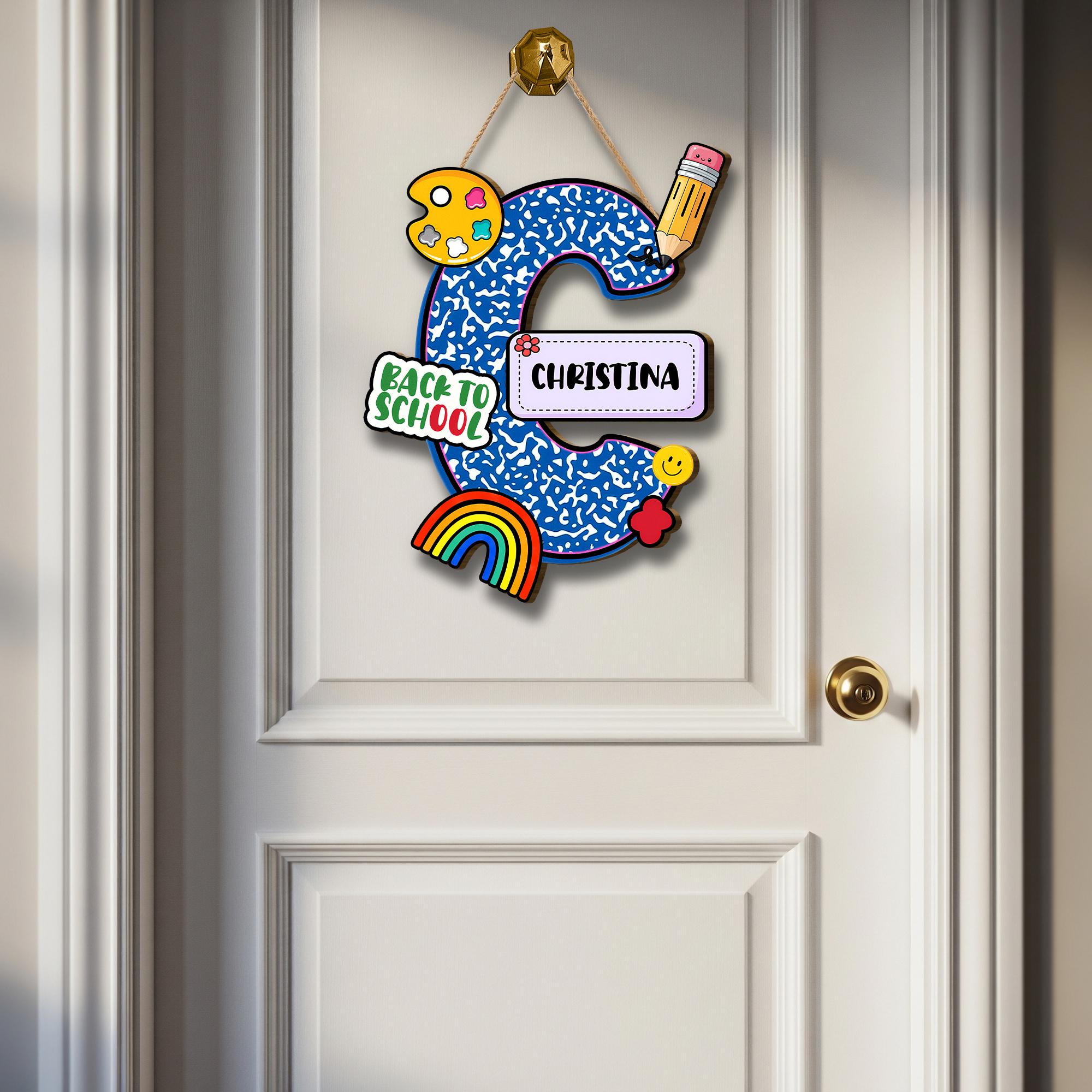 Personalized Back to School Door Hanger, Custom Name Initial Sign with School Supplies Theme for Classroom or Kids Room Decor, Teacher Decor