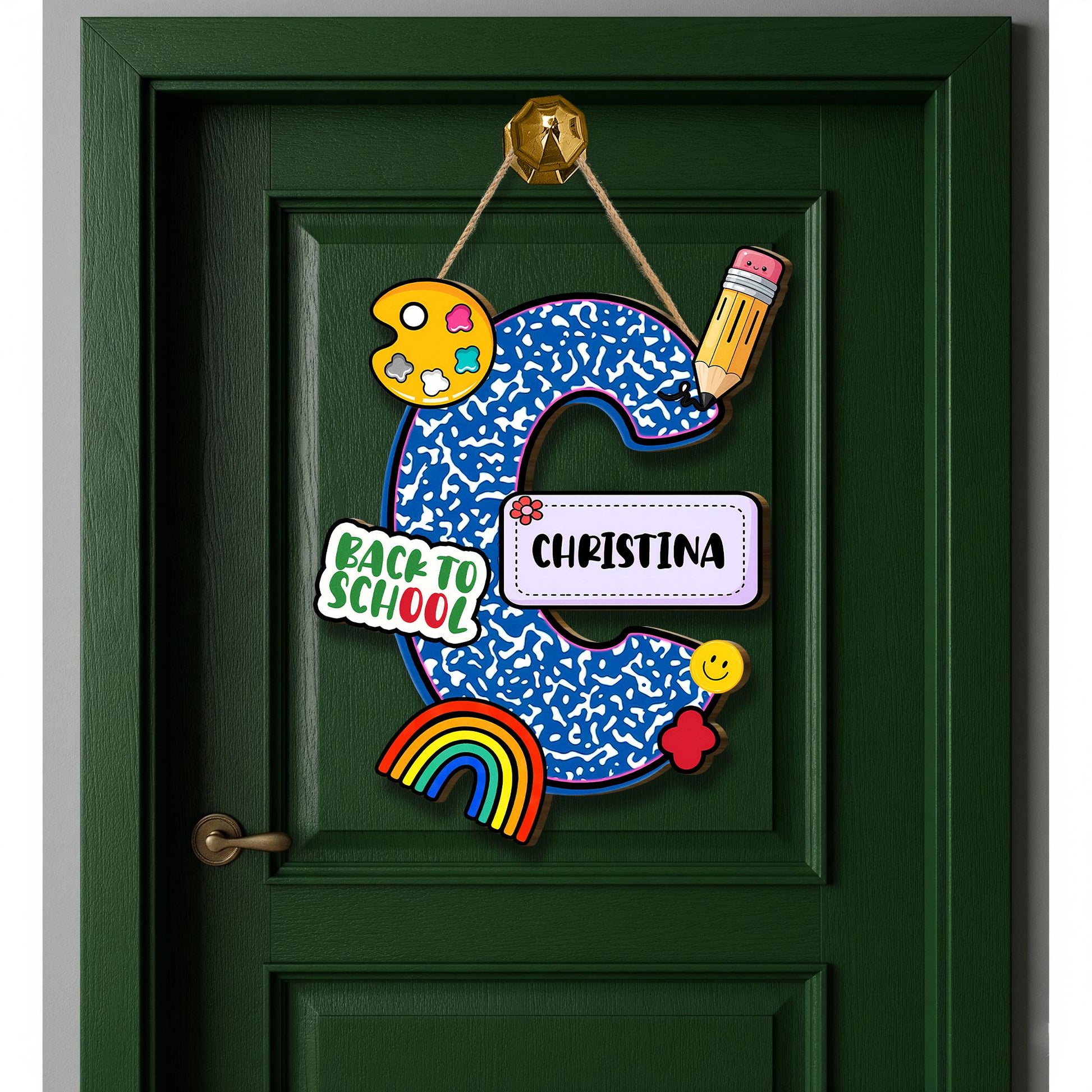 Personalized Back to School Door Hanger, Custom Name Initial Sign with School Supplies Theme for Classroom or Kids Room Decor, Teacher Decor
