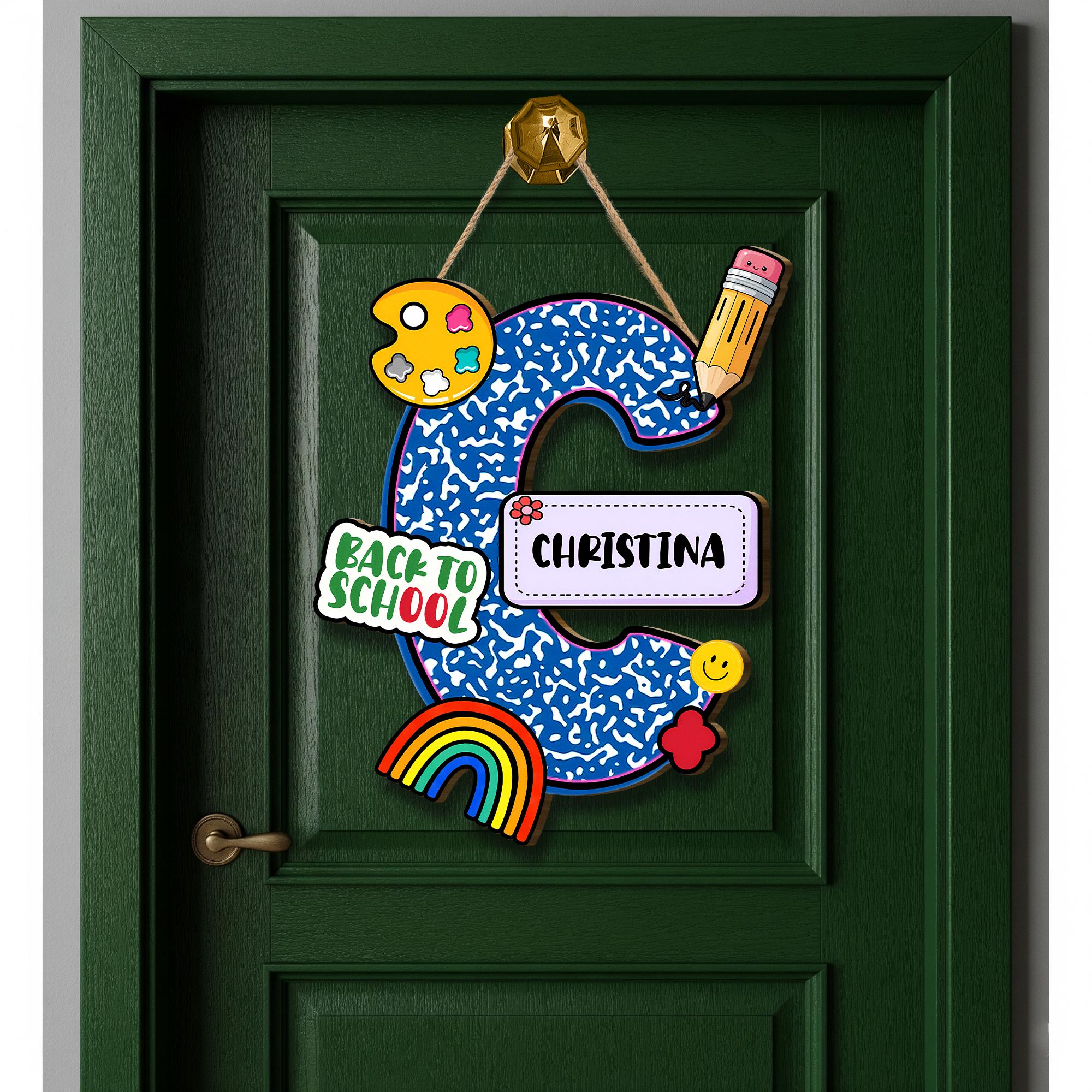 Personalized Back to School Door Hanger, Custom Name Initial Sign with School Supplies Theme for Classroom or Kids Room Decor, Teacher Decor