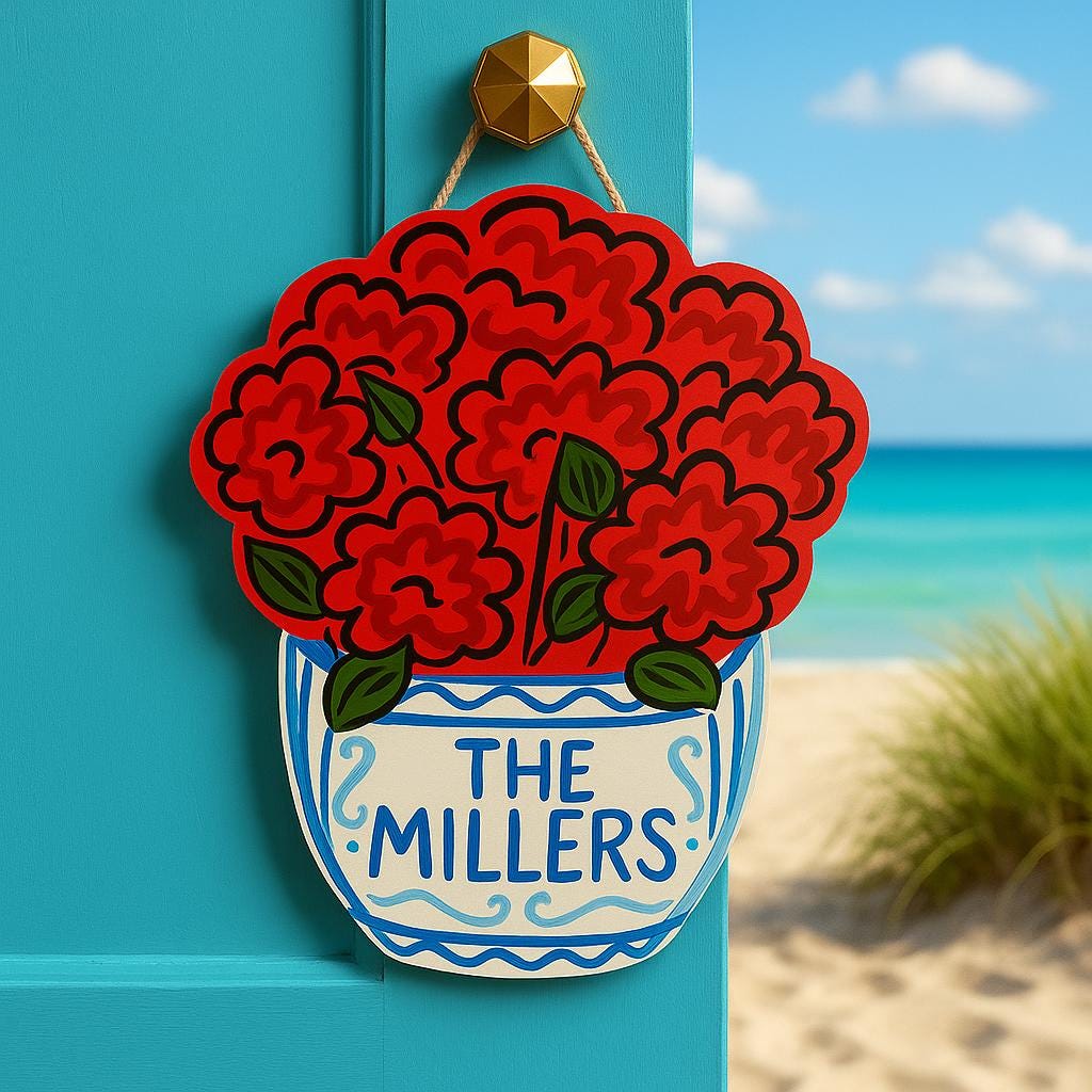 Custom Red Geranium Door Hanger, Chinoiserie Summer Front Door Decor, Personalized Name Sign, Cottagecore Porch Floral Accent