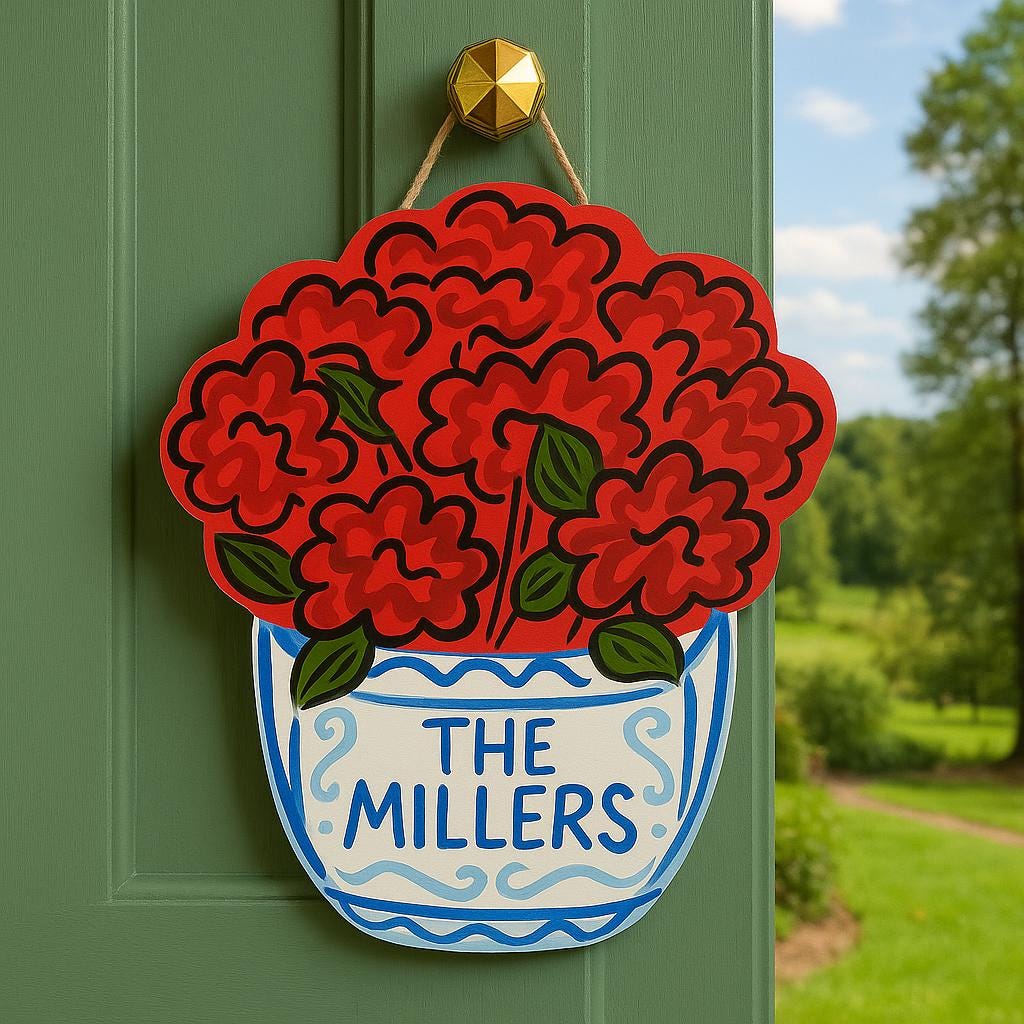 Custom Red Geranium Door Hanger, Chinoiserie Summer Front Door Decor, Personalized Name Sign, Cottagecore Porch Floral Accent